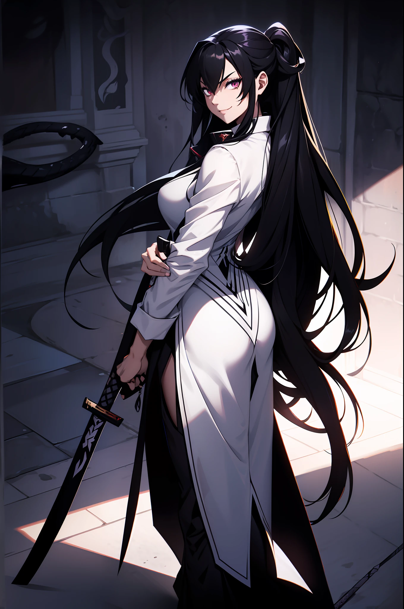 female arbiter vildred, 1 girl, black long hair, sharp eyes, deep starring, white tuxedo, killer smile, full body, holding long black katana, snake shadow from behind, dynamic pose, looking to viewer, 8k, UHD, Masterpiece