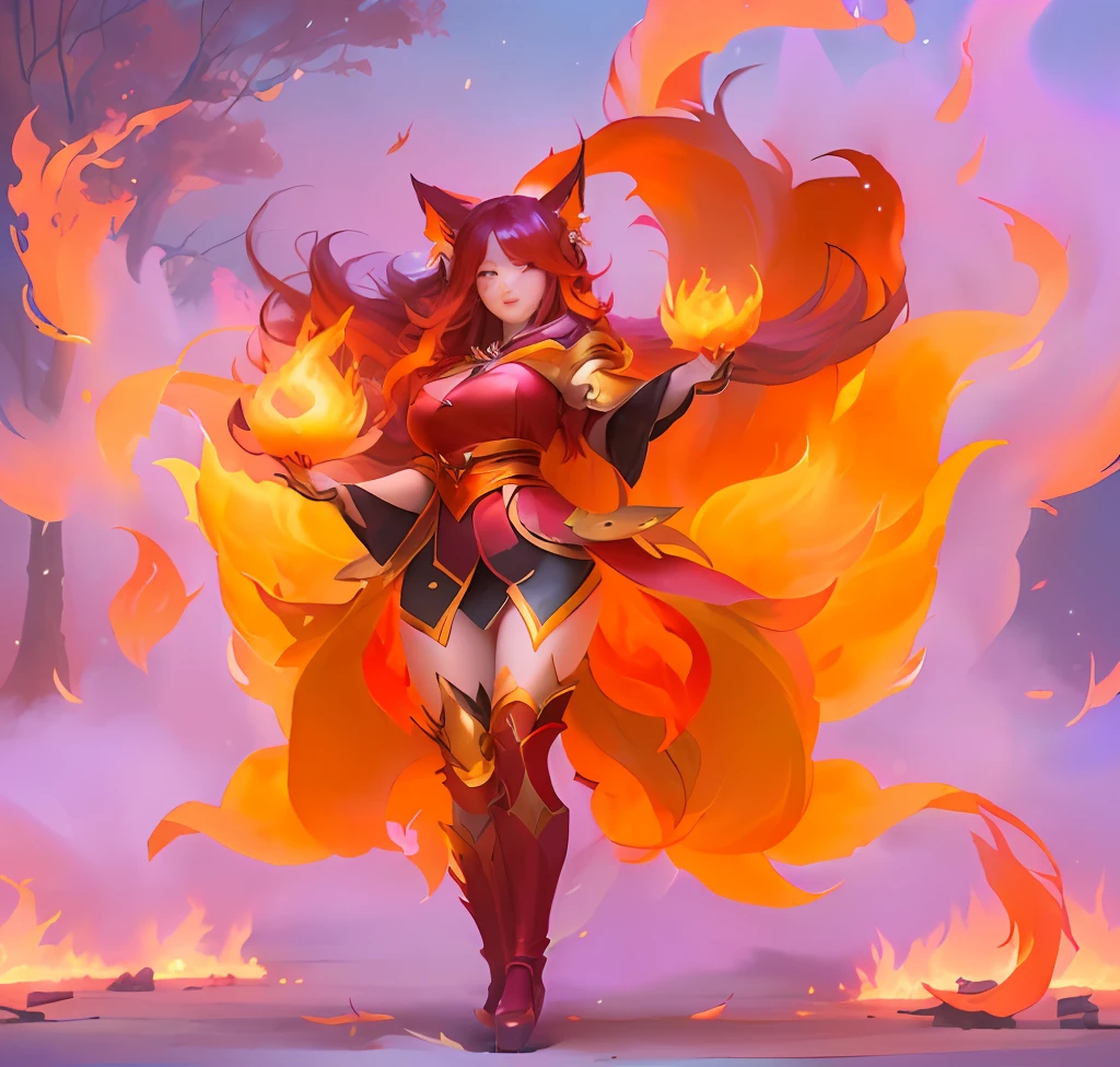 Woman with fire in her hands、ahri、fire、Full body, she has fire powers, appears as the fire goddess, Nine-Tails of Fire、goddess of fire, ahri from league of legends, portrait of ahri, league of legends style art, goddess of fire