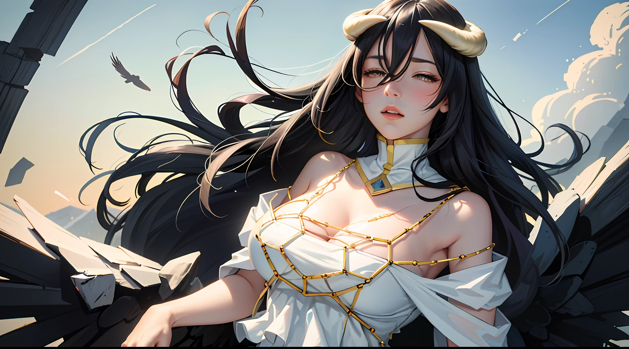 Masterpiece, Best quality, Ultra-detailed, illustration, epic lighting, Cinematic composition, isometry,(hexagons:1.2), 1girll, Horns, Solo, Yellow eyes, Black hair, Long hair, (Low wing:1.2), Pupil of the slit, cleavage, Bare shoulders, hair between eye, Medium breasts, (White dress:1.1), Golden decoration, Detached collar, view the viewer, Semi-closed Eyes, (view the viewer:1.1), parted lip, Blush, Black feathers fall, Arena, particle fx, (8K:1.1)，cleavage