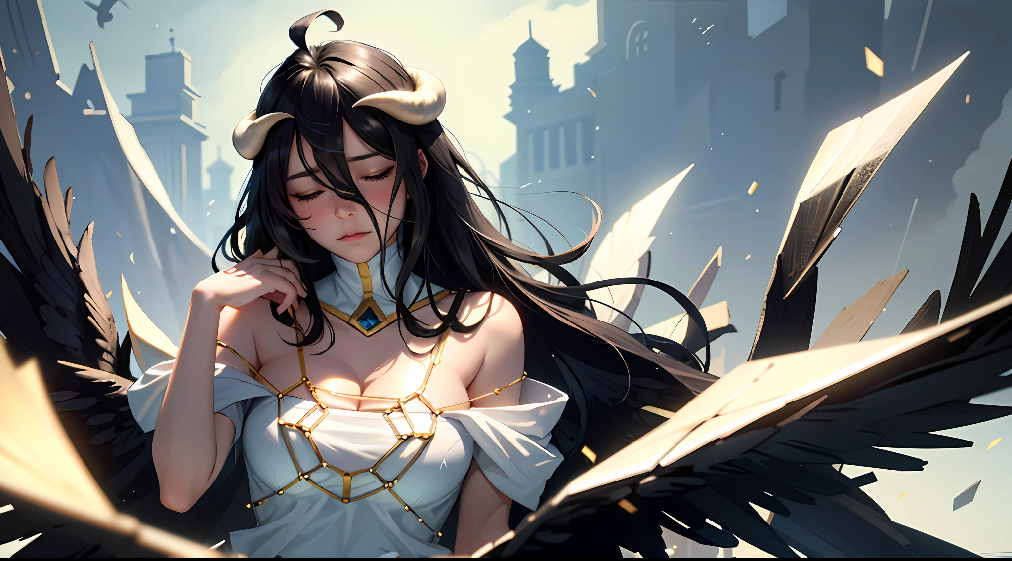 Masterpiece, Best quality, Ultra-detailed, illustration, epic lighting, Cinematic composition, isometry,(hexagons:1.2), 1girll, Horns, Solo, Yellow eyes, Black hair, Long hair, (Low wing:1.2), Pupil of the slit, cleavage, Bare shoulders, hair between eye, Medium breasts, (White dress:1.1), Golden decoration, Detached collar, view the viewer, Semi-closed Eyes, (view the viewer:1.1), parted lip, Blush, Black feathers fall, Arena, particle fx, (8K:1.1),cleavage