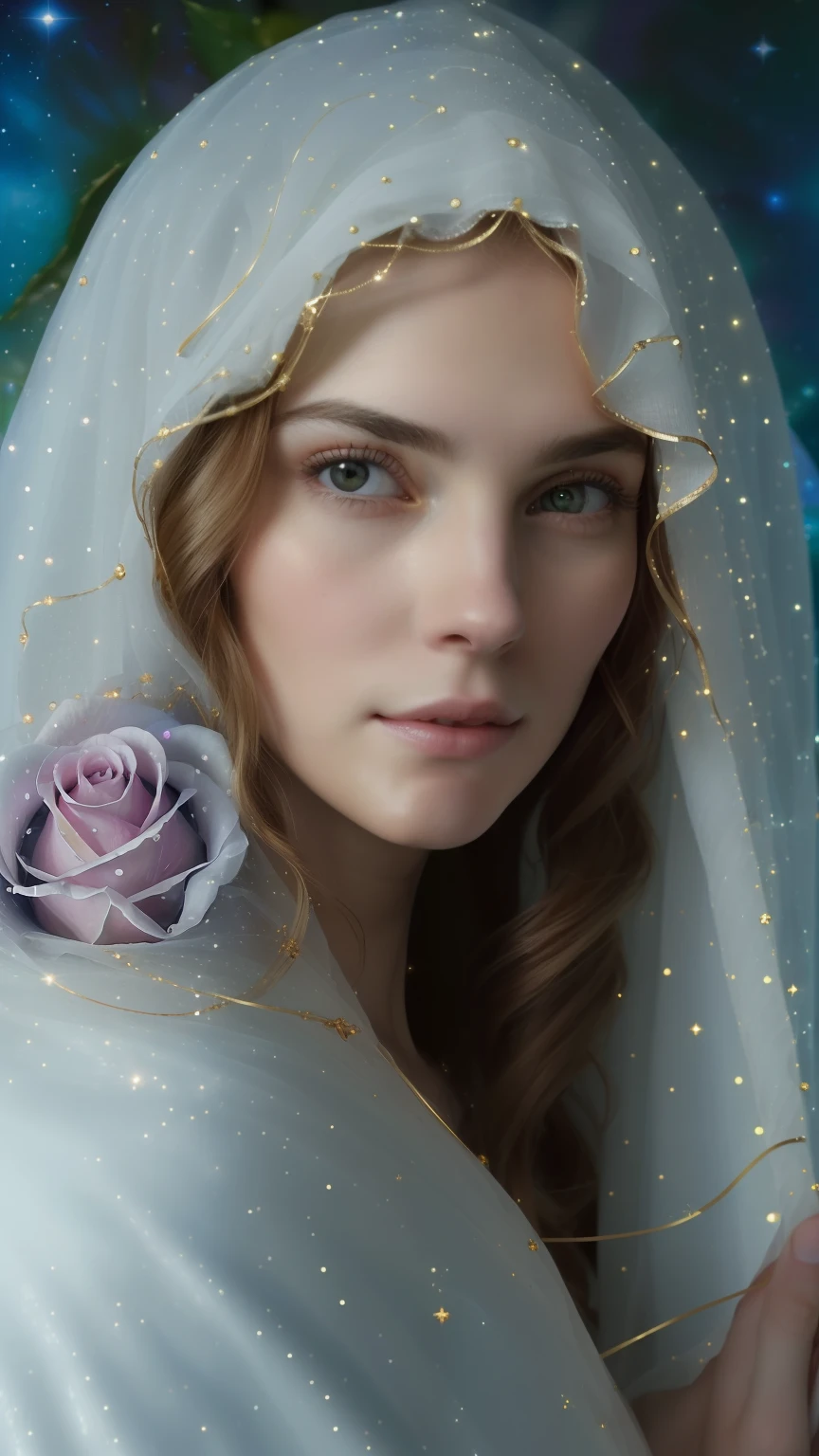 (((Holy VIRGIN MARY MYSTICAL ROSE. 19 years old))) ((( Con una cara seria y piadosa. Con una mirada dulce y tierna))) (obra maestra, calidad superior, mejor calidad, arte oficial, beautiful and aesthetic: 1.2), (1girl), extremadamente detallado, (Arte fractal: 1.3), colorido, highest detailed, Cara perfecta, parte superior del cuerpo, HDR, (orando: 1.3), (golden lines of white coat: 1.2), galaxia, (rayas de luz), eye-catching visuals, (dynamic stripes, senderos luminosos: 1.2), colores vibrantes,