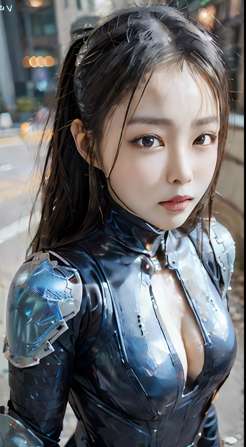 (Realistic:1.3)、((top-quality、8K、32K、masterpiece:1.3、Photopassive:1.3、hight resolution))、(((The whole picture:1.6、FULL BODYSHOT:1.6、longshot、profetional lighting、Reflectors)))、no-makeup、 Girls、1girl in、cute little、with round face、Hairstyle is silver ponytail、Hair is disheveled、Katyusha、A detailed face、A detailed eye、The texture of the skin is realistic、Camera gaze、Look at viewers、(((The background is the city at night、Behind the building、intergalactic)))、(deep v neck、Black rubber suit、Red Cybersuit:1.8、Black Battlesuit:1.8)、(Sensual body lines:1.8、Big that are about to burst:1.9、Colossal tits:1.9、Overhanging udder,,,:1.9、Accentuated cleavage:1.5、well-shaped breasts、Feminine body line)、(((Wearing mechanical armor:1.2、full armor:1.6、gold cross、Blue Metal、Metal Blue Dragon Skin)))、(Full metal body、Automatic creation of erotic poses、Automatic creation of sensual poses、Combat poses are created automatically、Automatic creation of battle scenes)