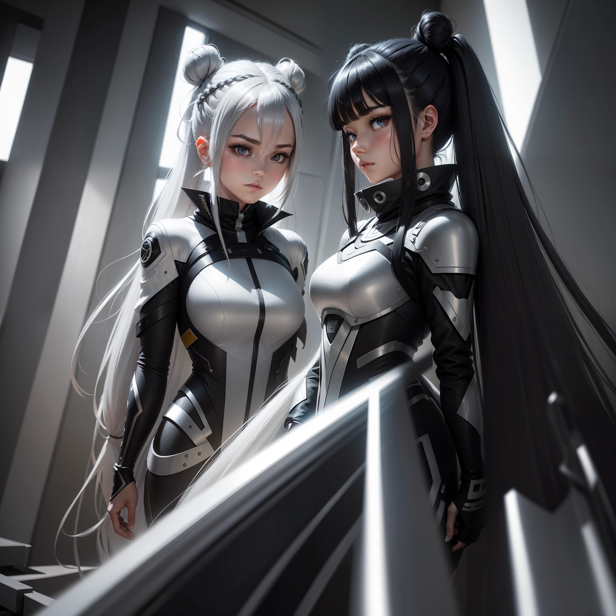 black hair, silver hair, hair bun, hair between eyes, hair over shoulder, long hair, very long hair, short twintails, Surrealism, god rays, cinematic lighting, motion lines, Futurism, three sided view, cut-in, overexposure, 360 view, f/16, 8k, super detail