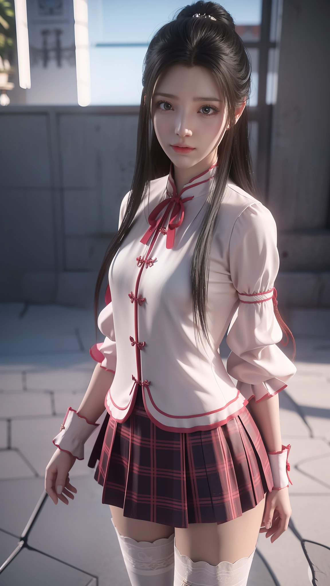 Arad woman posing for photo in short skirt and white shirt, Surrealism female students, Surrealism female students, Realistic schoolgirl, photorealistic anime girl rendering, thighhighs and skirt, 3 d anime realistic, small curvaceous ****, wearing skirt and high socks, Photorealistic anime, cute female student, Realistic anime 3 D style, female student