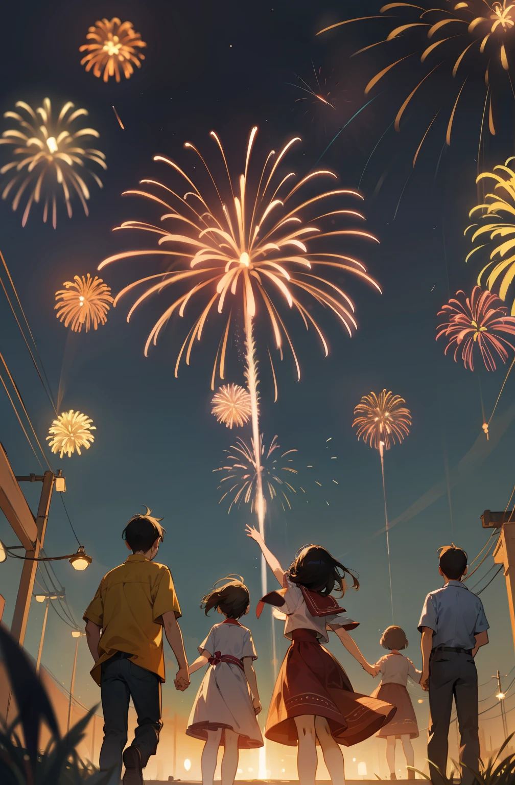 In the clear night sky, Countless fireworks dance gracefully, And under them, Children looking up curiously. It is a scene wrapped in a fantastic and nostalgic atmosphere...., Reminiscent of memories of past summers.