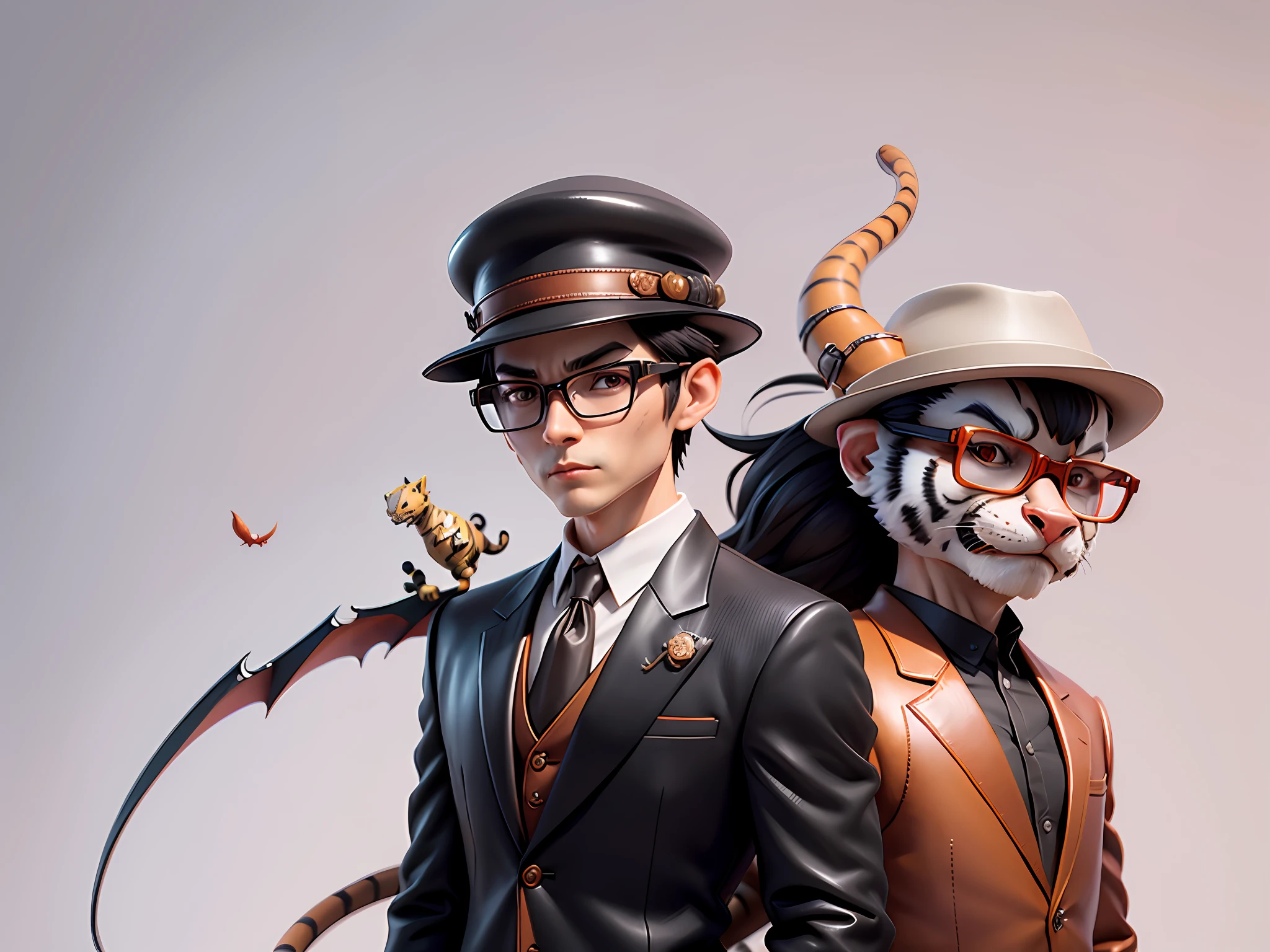 Young man with leather hat, tiger, dragon, oriental face in formal suit, short black hair, silver glasses, digital painting, 3D character design by Mark Clairedon and Pixar and Hayao Miyazaki and Akira Toriyama, the illustration is a high-definition illustration in 4K resolution with very detailed facial features and cartoon-style visuals.