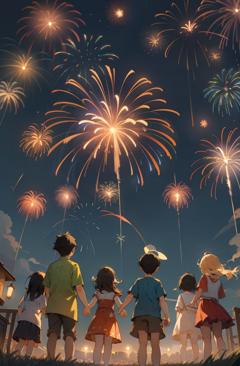 Fireworks soar gorgeously in the clear night sky、Children looking up at the fireworks below。The scene is amazing.、It has a nostalgic atmosphere that makes you feel the memories of a bygone summer.