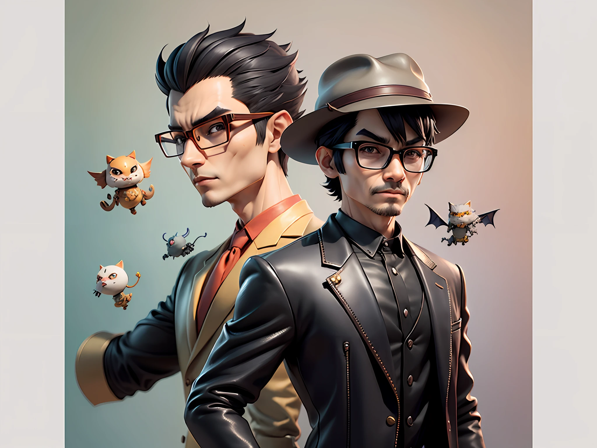 Young man with leather hat, tiger, dragon, oriental face in formal suit, short black hair, silver glasses, digital painting, 3D character design by Mark Clairedon and Pixar and Hayao Miyazaki and Akira Toriyama, the illustration is a high-definition illustration in 4K resolution with very detailed facial features and cartoon-style visuals.