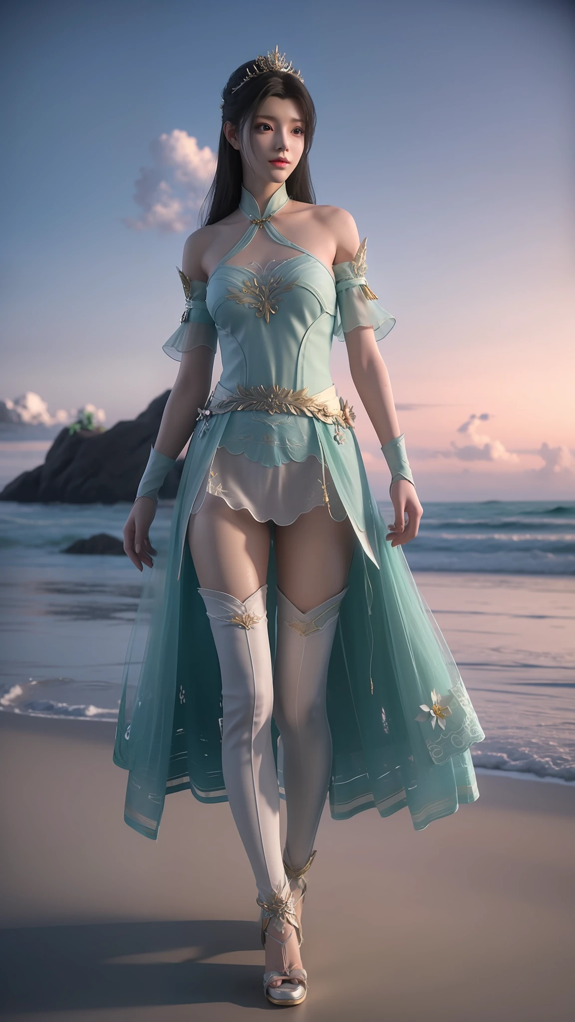 Anime girl in white dress walking on beach, Inspired by 3D renderings by Cynthia Shepard, Trend of CGsociety, Fantasy art, fantasyoutfit, fantasy style clothing, 3 D rendering character art 8 K, realistic fantasy rendering, stuning fantasy 3 d render, wearing fantasy clothing, render of a cute 3d anime girl, 8K high quality detailed art