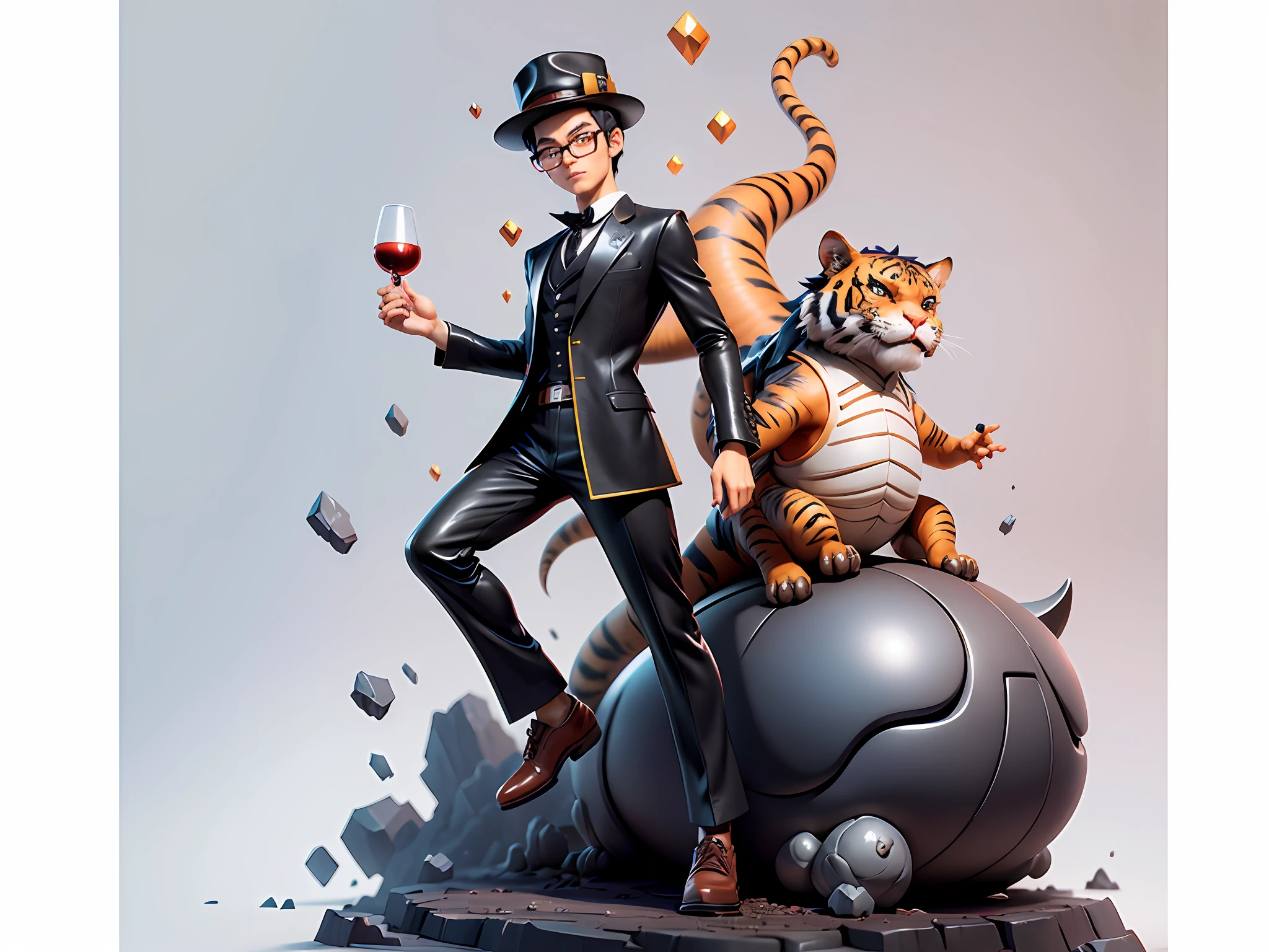 Young man with leather hat, tiger, dragon, oriental face in formal suit, short black hair, silver glasses, digital painting, 3D character design by Mark Clairedon and Pixar and Hayao Miyazaki and Akira Toriyama, the illustration is a high-definition illustration in 4K resolution with very detailed facial features and cartoon-style visuals.