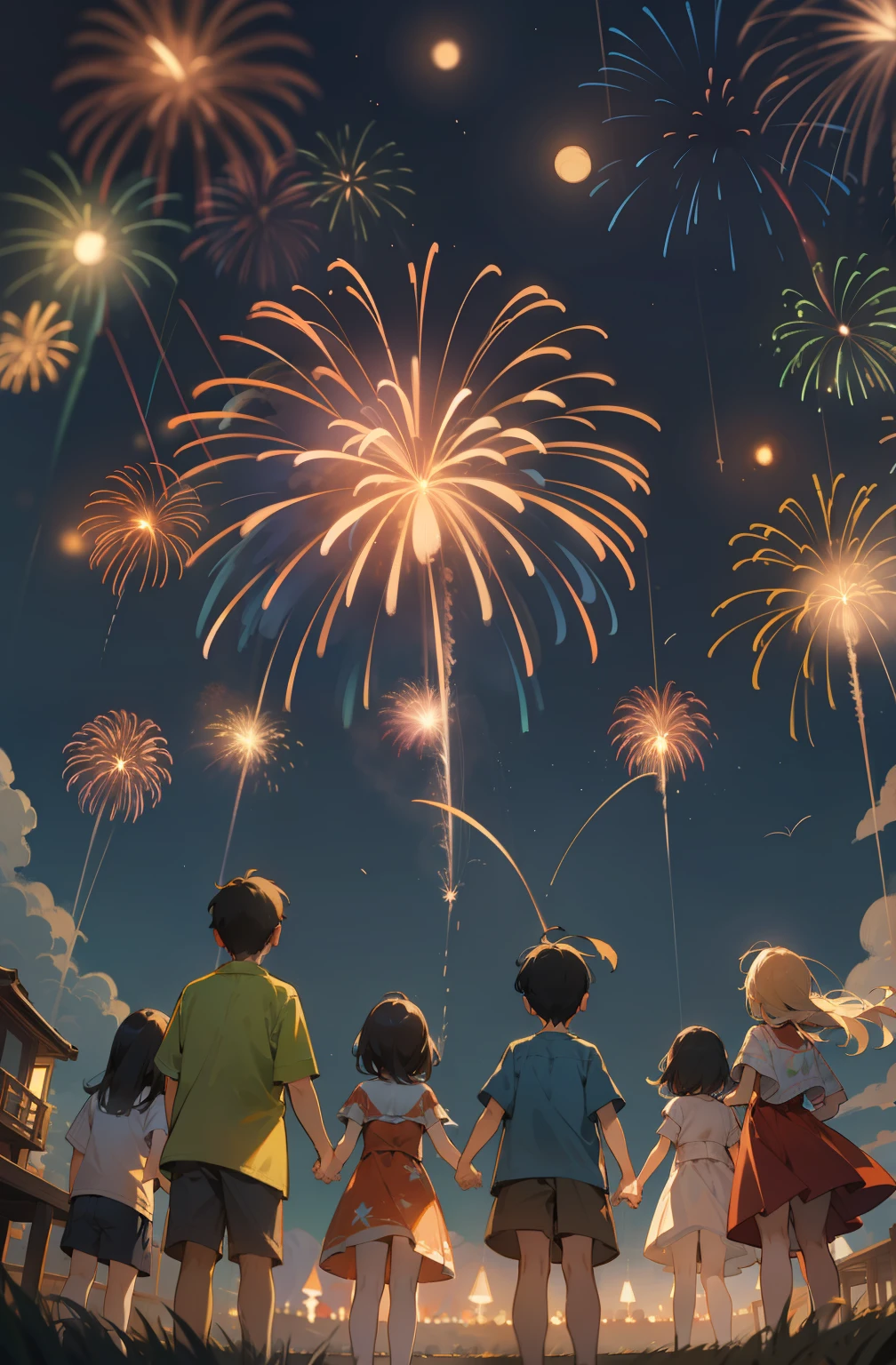 Fireworks soar gorgeously in the clear night sky、Children looking up at the fireworks below。The scene is amazing.、It has a nostalgic atmosphere that makes you feel the memories of a bygone summer.