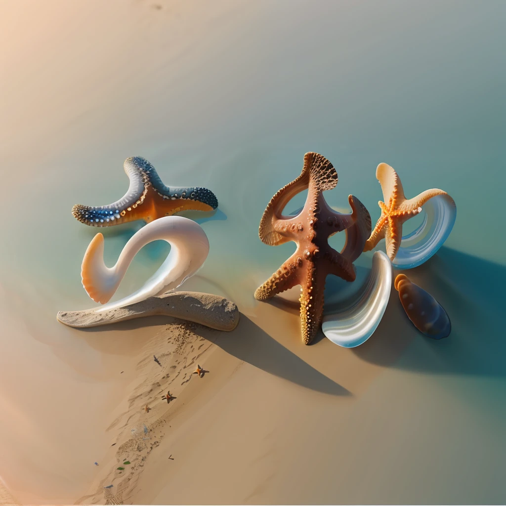 Starfish, shells, pebbles, sand, aerial view, beautiful detailed water, high quality, high resolution, masterpiece,