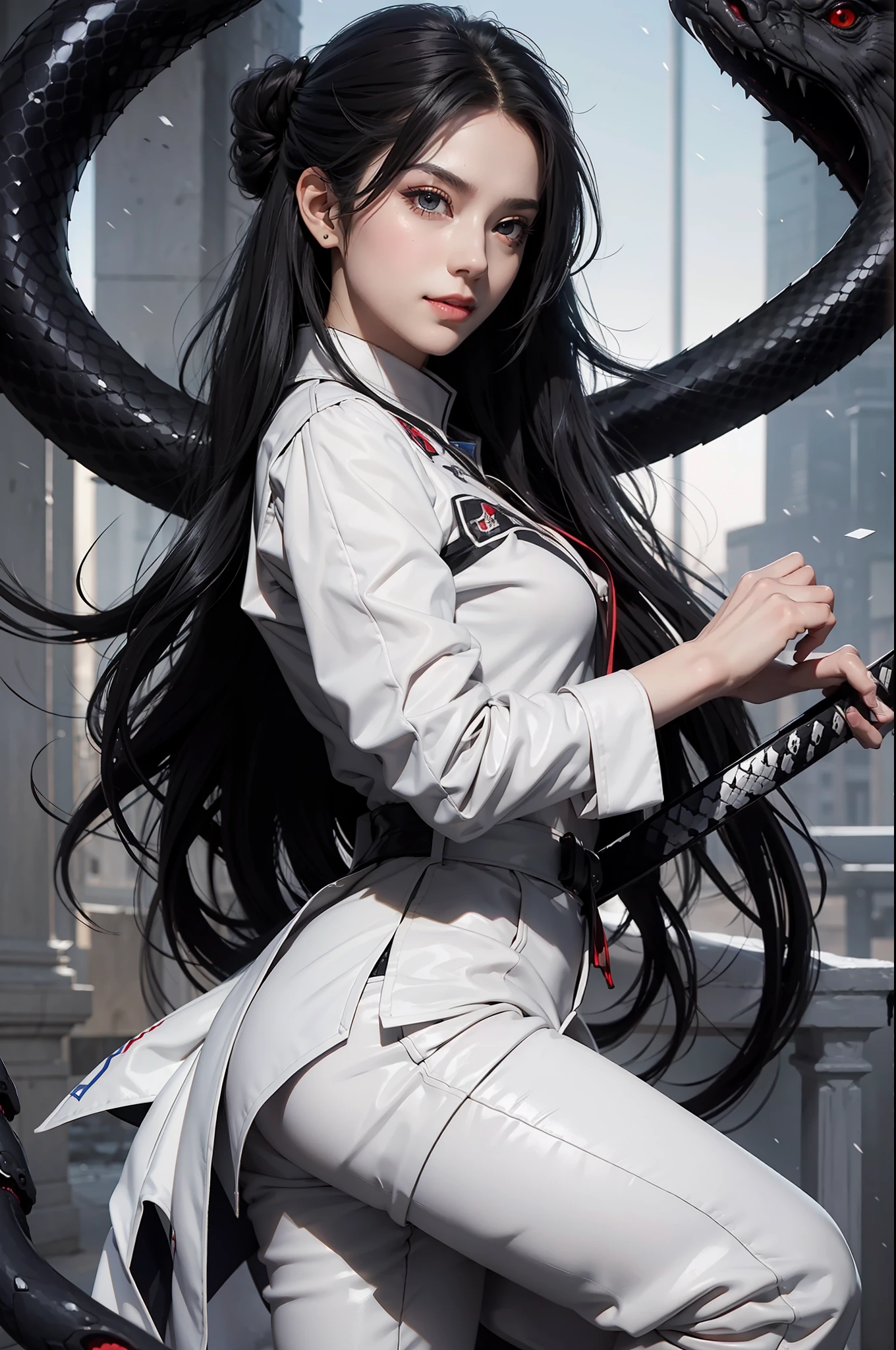 female arbiter vildred, 1 girl, black long hair, sharp eyes, deep starring, white tuxedo, killer smile, full body, holding long black katana, snake shadow from behind, dynamic pose, looking to viewer, 8k, UHD, Masterpiece