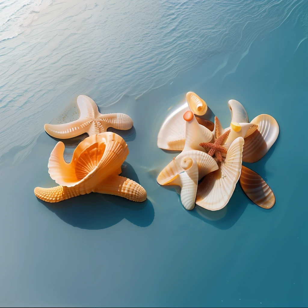 Starfish, shells, pebbles, sand, aerial view, beautiful detailed water, high quality, high resolution, masterpiece,
