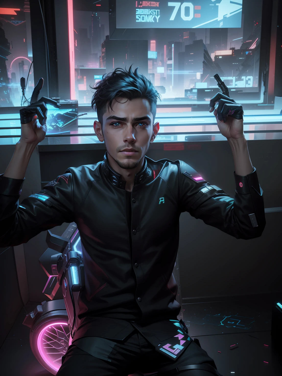 Change background cyberpunk handsome boy. Realistic face, 8k, ultra realistic,