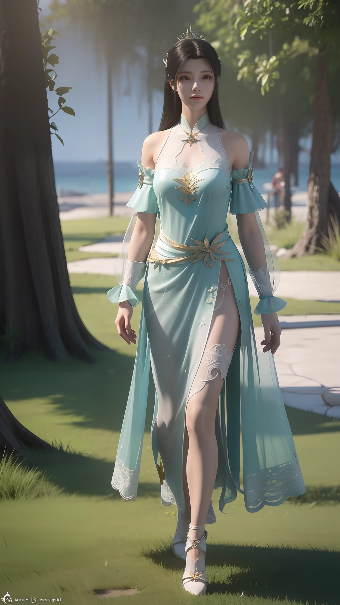 Anime girl in white dress walking on beach, Inspired by 3D renderings by Cynthia Shepard, Trend of CGsociety, Fantasy art, fantasyoutfit, fantasy style clothing, 3 D rendering character art 8 K, realistic fantasy rendering, stuning fantasy 3 d render, wearing fantasy clothing, render of a cute 3d anime girl, 8K high quality detailed art