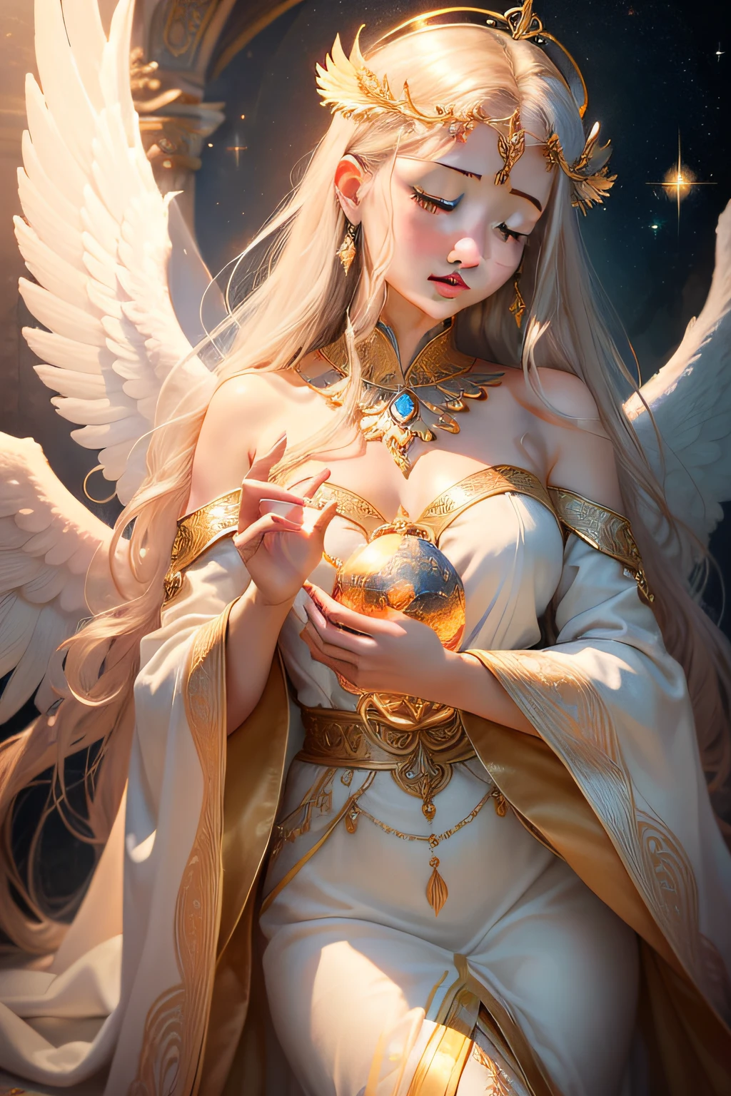 realistic, (surreal:1.2), beautiful, masterpiece, best quality, extremely detailed face, perfect lighting, beautiful hands, perfect hands, celestial brilliant divine and radiant angels, (existence of heaven: 1.2), (serene expression), (majestic wings), (ethereal light: 1.1), (peace and comfort), (transcendent beauty), (divine grace), (symbol of purity), (golden halo), (uplifting atmosphere), (celestial realm), (spiritual enlightenment), (gentleness and peace Protective), (Illumination: 1.2), (Serafi Figures), (Harmony and Serenity), (Angelic Robe), (Eternity and Celestial Bodies), (Enchanting Aura), (Healing and Guidance)