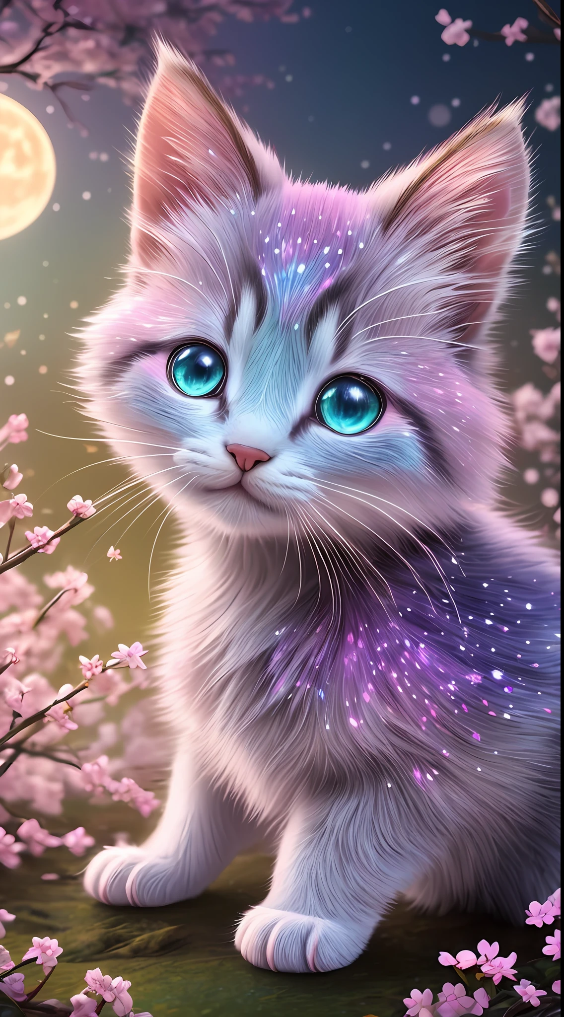 side view, oversaturate, colorfully, Fairytale, dreamlike, Cinematic character render, oil painting, 3D, 8k resolution, sequins, glitter, sakura forest, moonlight, Close up Portrait adorable chibi kawaii anthropomorphic kitten king, Detailed eyes, large round reflective eyes,