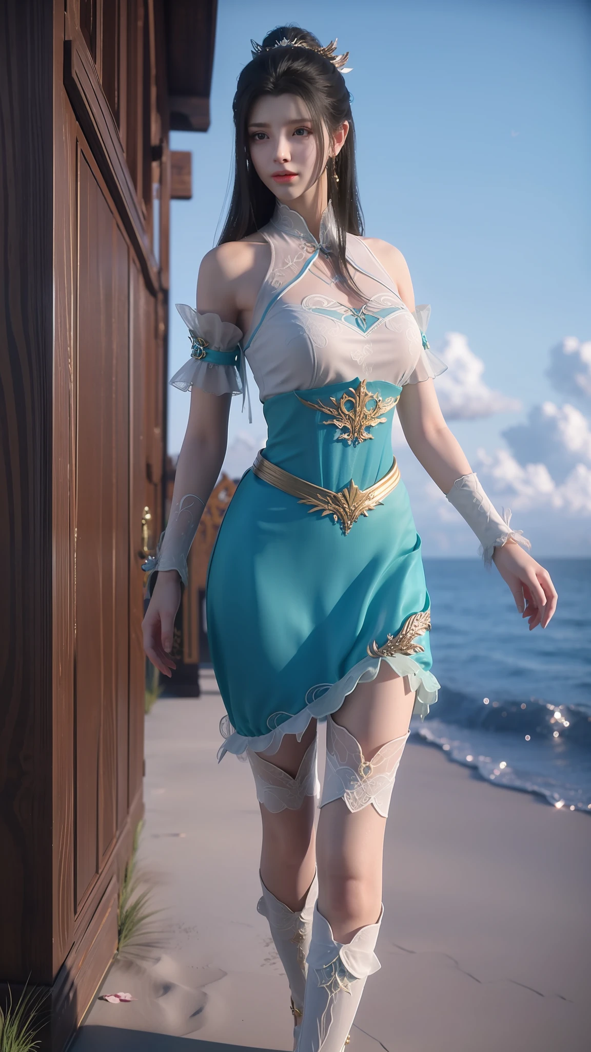 Arad woman in blue dress and white shirt walking on the beach, photorealistic anime girl rendering, render of a cute 3d anime girl, 3 D rendering character art 8 K, realistic fantasy rendering, Costume with blue accents, wearing fantasy clothing, fantasyoutfit, fantasy style clothing, hyper-detailed fantasy character, stuning fantasy 3 d render