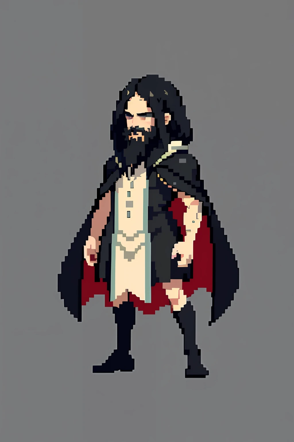 pixel, pixel art, 1man, black hair, hermit, brown cape, long beard