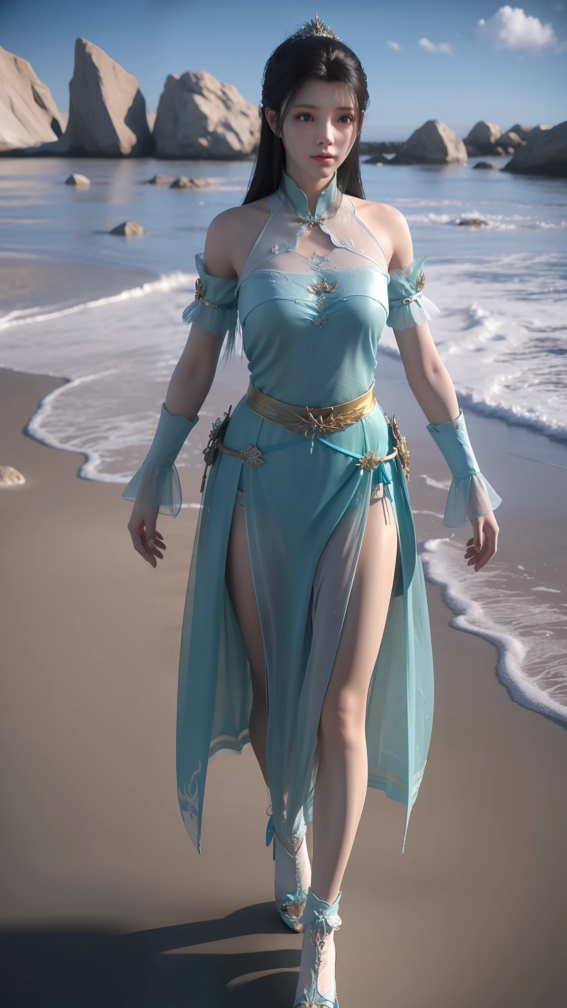 Arad woman in blue dress and white shirt walking on the beach, photorealistic anime girl rendering, render of a cute 3d anime girl, 3 D rendering character art 8 K, realistic fantasy rendering, Costume with blue accents, wearing fantasy clothing, fantasyoutfit, fantasy style clothing, hyper-detailed fantasy character, stuning fantasy 3 d render