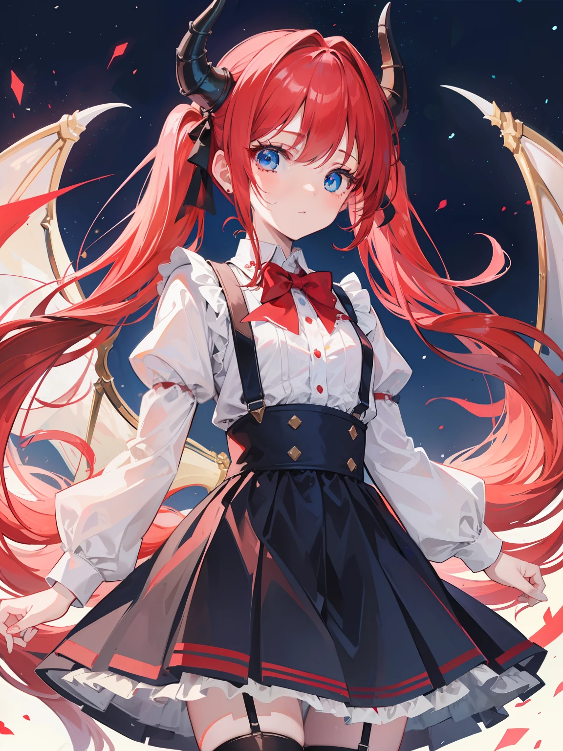 {{best quality}}, {{masterpiece}}, {{ultra-detailed}}, {illustration}, {detailed light}, red hair,blue eyes,twintails,lolita,Suspenders skirt,Fantastic,loli,solo,Dragon horns,little girl,long hair