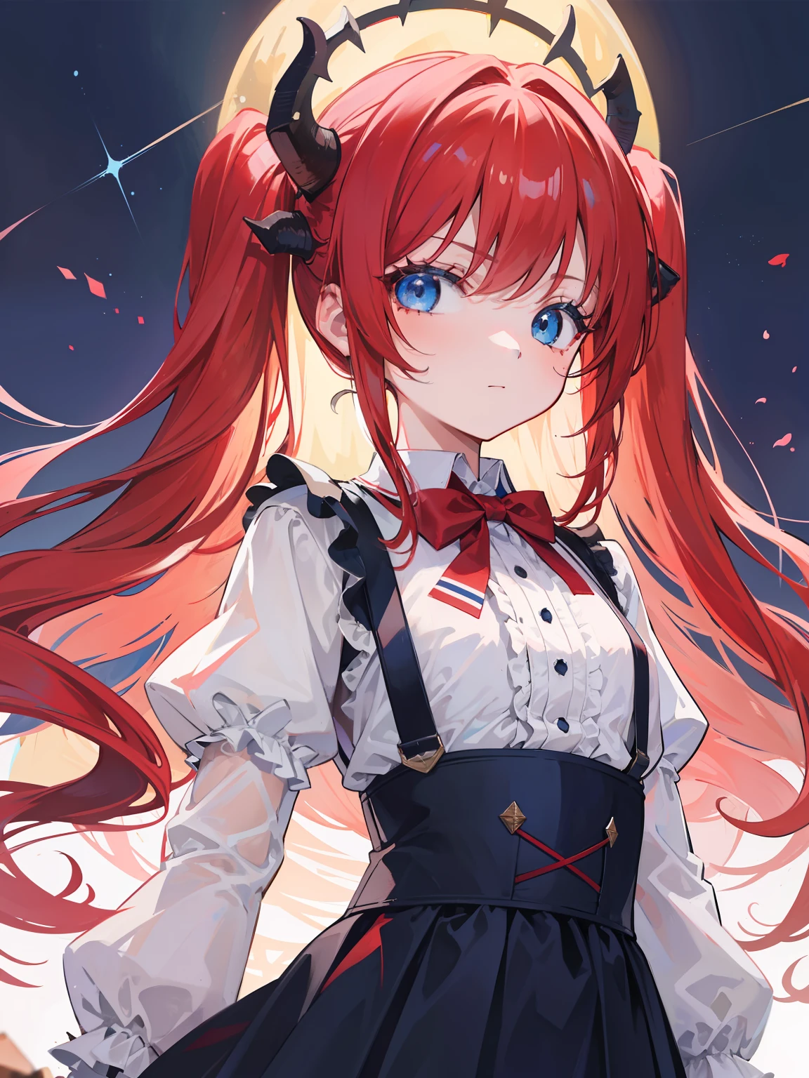 {{best quality}}, {{masterpiece}}, {{ultra-detailed}}, {illustration}, {detailed light}, red hair,blue eyes,twintails,lolita,Suspenders skirt,Fantastic,loli,solo,Dragon horns,little girl,long hair