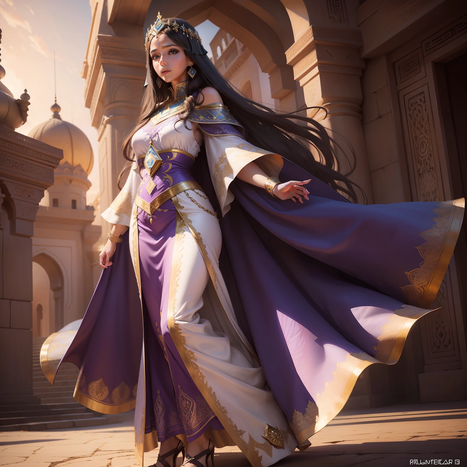 Very Beautiful princesse glowing eyes Moroccan caftan outfit cover full body hyper realistic super detailed nature background