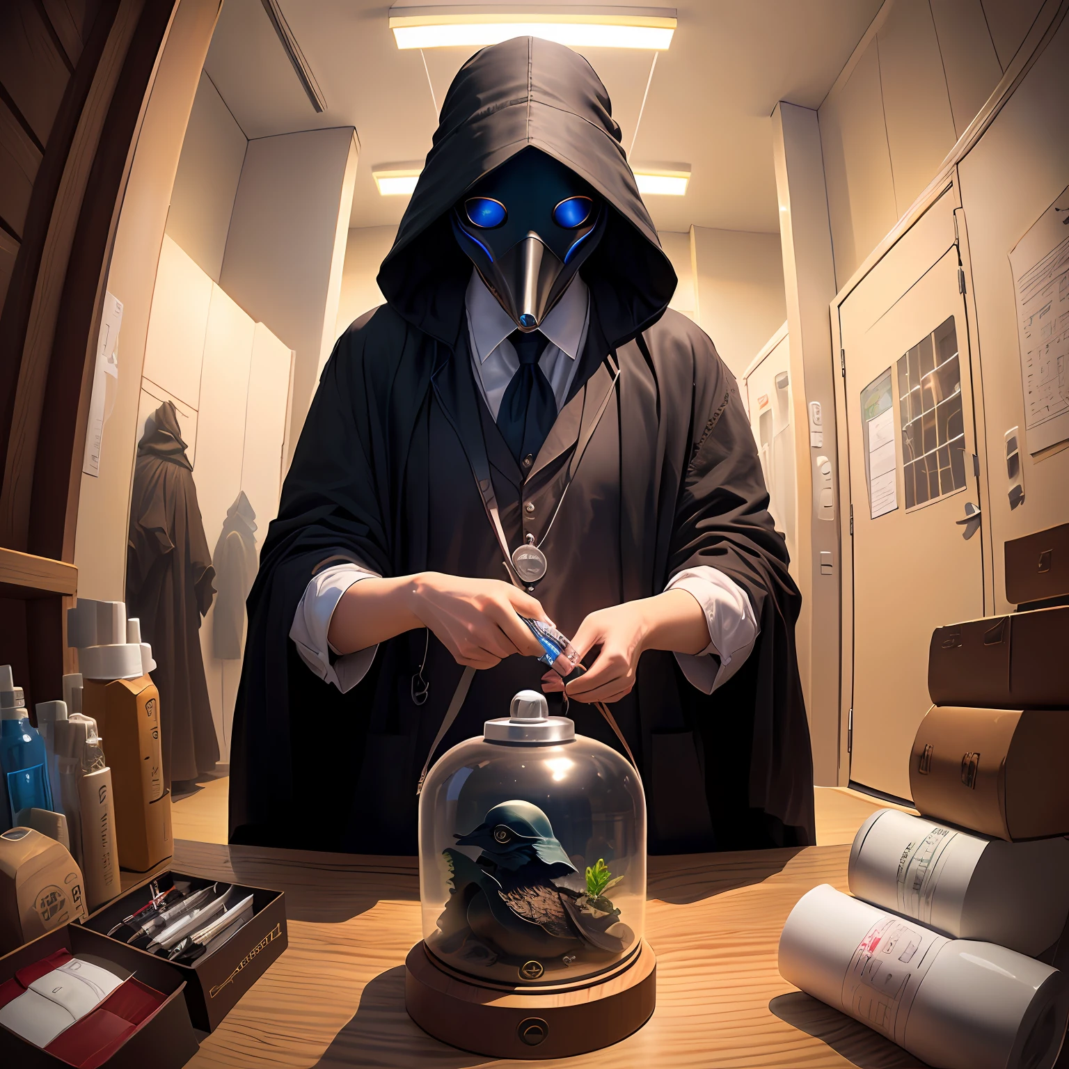 Injections and、Blue-eyed plague doctor holding a bag、The background is the facility。fish-eye lens