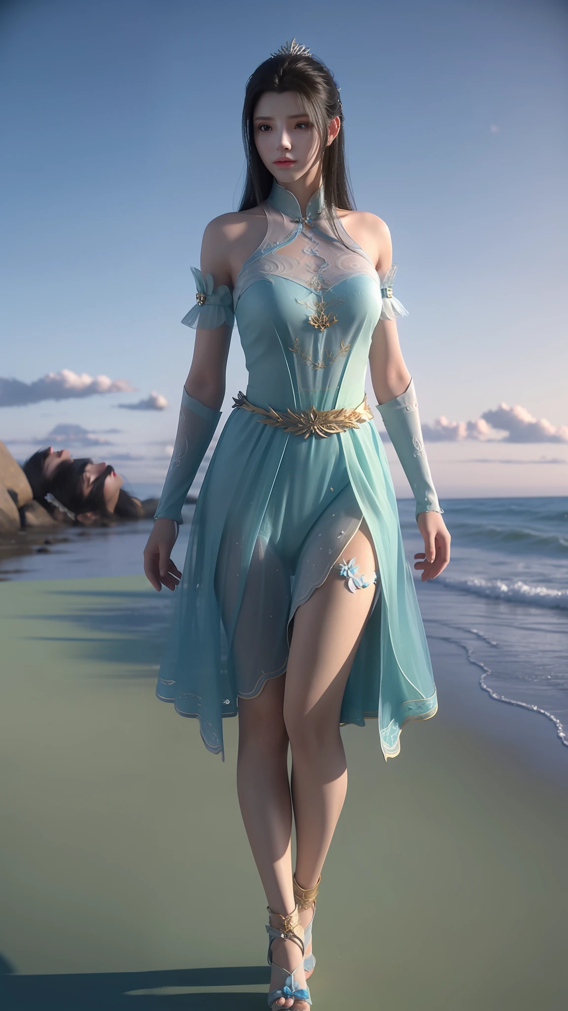 Arad woman in blue dress and white shirt walking on the beach, photorealistic anime girl rendering, render of a cute 3d anime girl, 3 D rendering character art 8 K, realistic fantasy rendering, Costume with blue accents, wearing fantasy clothing, fantasyoutfit, fantasy style clothing, hyper-detailed fantasy character, stuning fantasy 3 d render