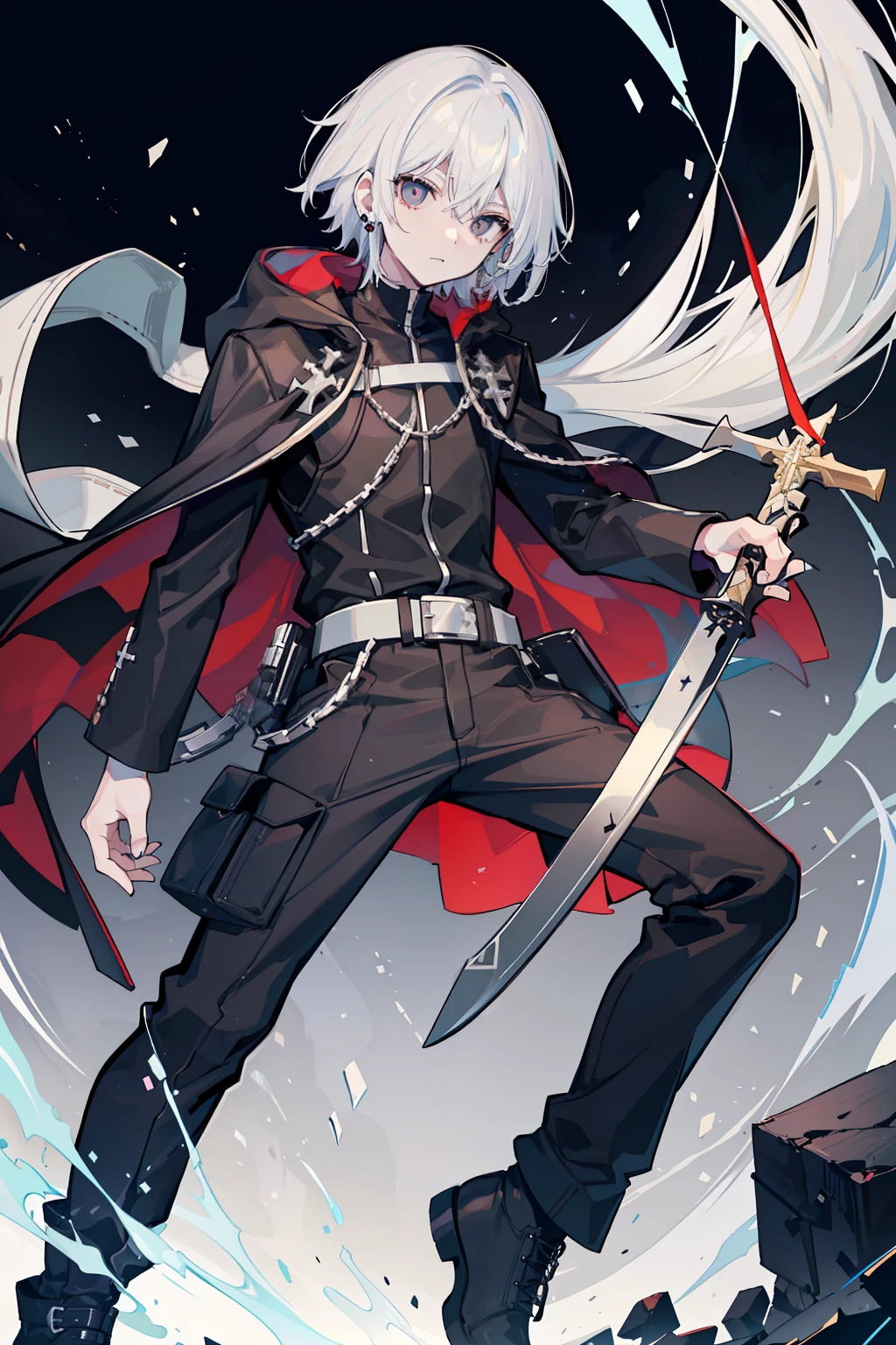 Full body like，White-colored skin，White-colored skin，combat scene，whaite hair，Black pupils，Pure black eyes，Silver-toned stud earrings，shoun，crosses，bandagens，There are bandages on the hands，short detailed hair，Handsome，Libido boy，Highest image quality，the night，the night，warn，male people，hooding，cargo pants，Martin boots，Black pick dye，Long sword，crosses，crosses，nighttime scene，Black cargo pants，Black pantsuit，Streamers，wind coat