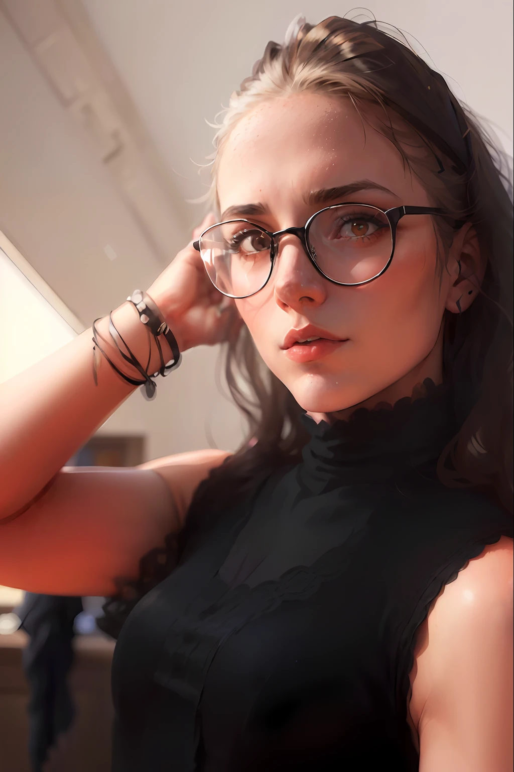 Da ist eine Frau mit Brille und schwarzem Hemd, that holds her hair, vor Rauch dahinter, infp junge frau, androgyne Person, mit Rauch, portrait image, Atmospheric portrait, mid shot portrait, high quality portrait, junge Frau in ihren 20ern, vor dunklem Rauch, Rauch kommt aus ihrem Mund, Girl with round glasses