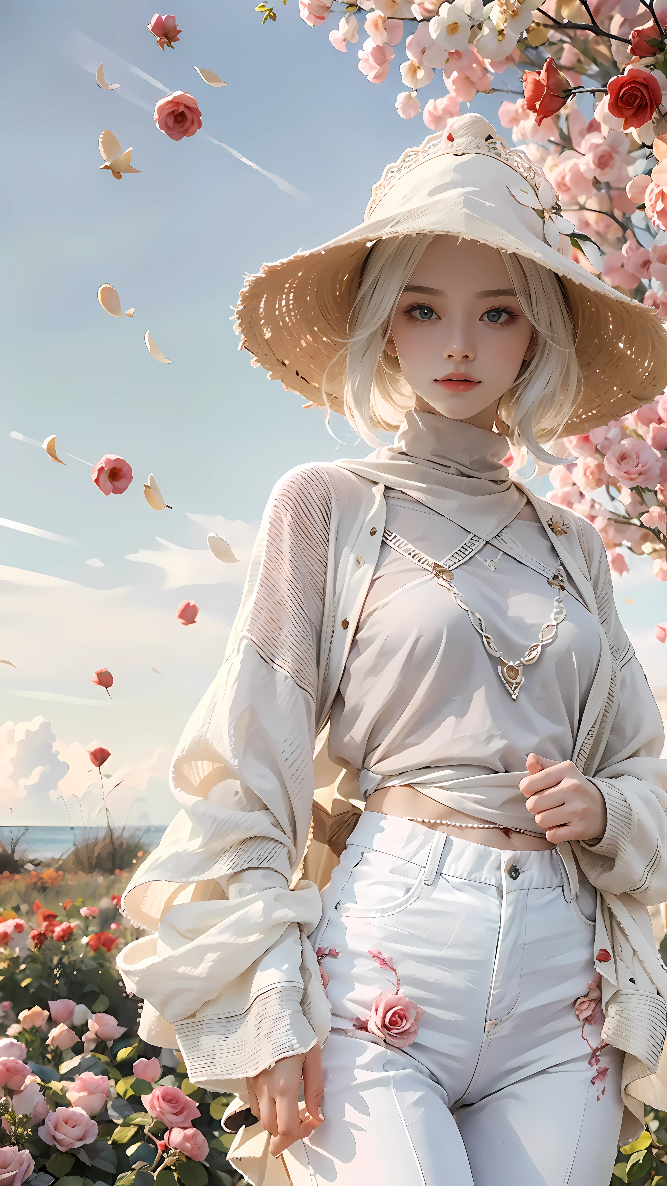 Exquisite scenes，depth of fields，8K，The ivory sky，White clouds，The sun shines on the snow-white sand。The coral sea，There are many small colorful shells on the beach，Red rose，Rose flower，tmasterpiece，k hd，Detailed details，Beautiful woman detailed defined body using real characters，ssmile，Exquisite facial features，s the perfect face，White skin of the，long whitr hair，The background is cologne，Snow-white yellowed hair，Dressed in white，The clothes were tightly wrapped，track pants，Cloak，Animal headdress