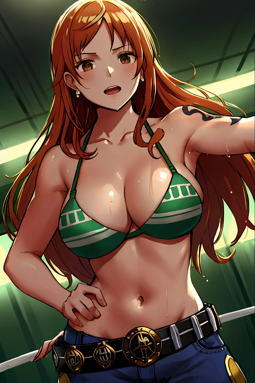 detailed background, wrestling stage, wrestling match, ((((removing bra)))), masterpiece, 4k, (wwe:1.1), turnbuckle, (((wrestling ring robes behind))), wrestling robes, holding ring robes, leaning on turnbuckle, epic, best quality, late youth, adult, wrestler body, strong, 1girl, active, energic, (large mouth) , solo, nami \(one piece\), 1girl, bangle, (very wet, drenched in sweat, sweat all over body, very wet hair, tired, open mouth, exhausted, shouting, sweaty face, sweaty body, sweating too much, shiny sweat, leaning, serious, glaring, open eyes, perfect detailed face, round face, sweat on face) bold drawing lines, muscular arms, detailed bold arm lines, flat jaw, adult woman, wavy wide streaked bangs, floating bang, (big cheeks), bare shoulders, belt, bikini, bikini top only, bracelet, springy breasts, breast lines, big round eyes, very big brown shiny eyes, high eye position, cleavage, denim, earrings, floating hair, shiny hair, green belt, green bikini, bold groin lines, jeans, jewelry, medium breasts, log pose, long hair, looking at viewer, big navel, wet hair, orange hair, pants, shoulder tattoo, sidelocks, solo, standing, stomach, swimsuit, tattoo, looking at viewer, open mouth, detailed left arm, big forehead, hourglass figure, small head, toned body, wide hair, wind effect, narrow small ears angle, older, side shot,