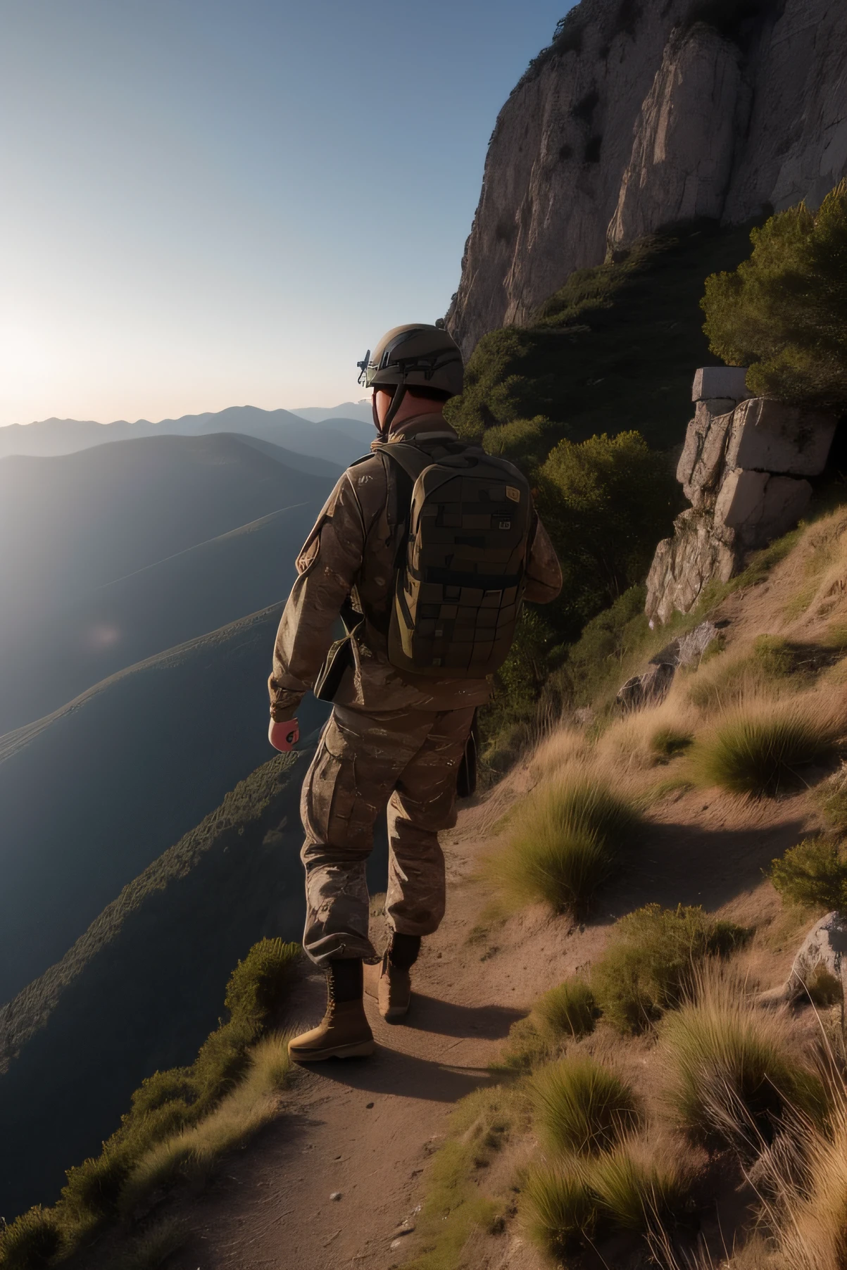 Male soldiers,Back shadow,Contre-Jour,early evening,Stand on the top of the mountain and look down,There are woods at the bottom of the mountain and the city turns slightly to the right,Combat uniforms,photorealestic,Cinema lenses,camouflage uniform,helmet,backpacks,Cinematic level
