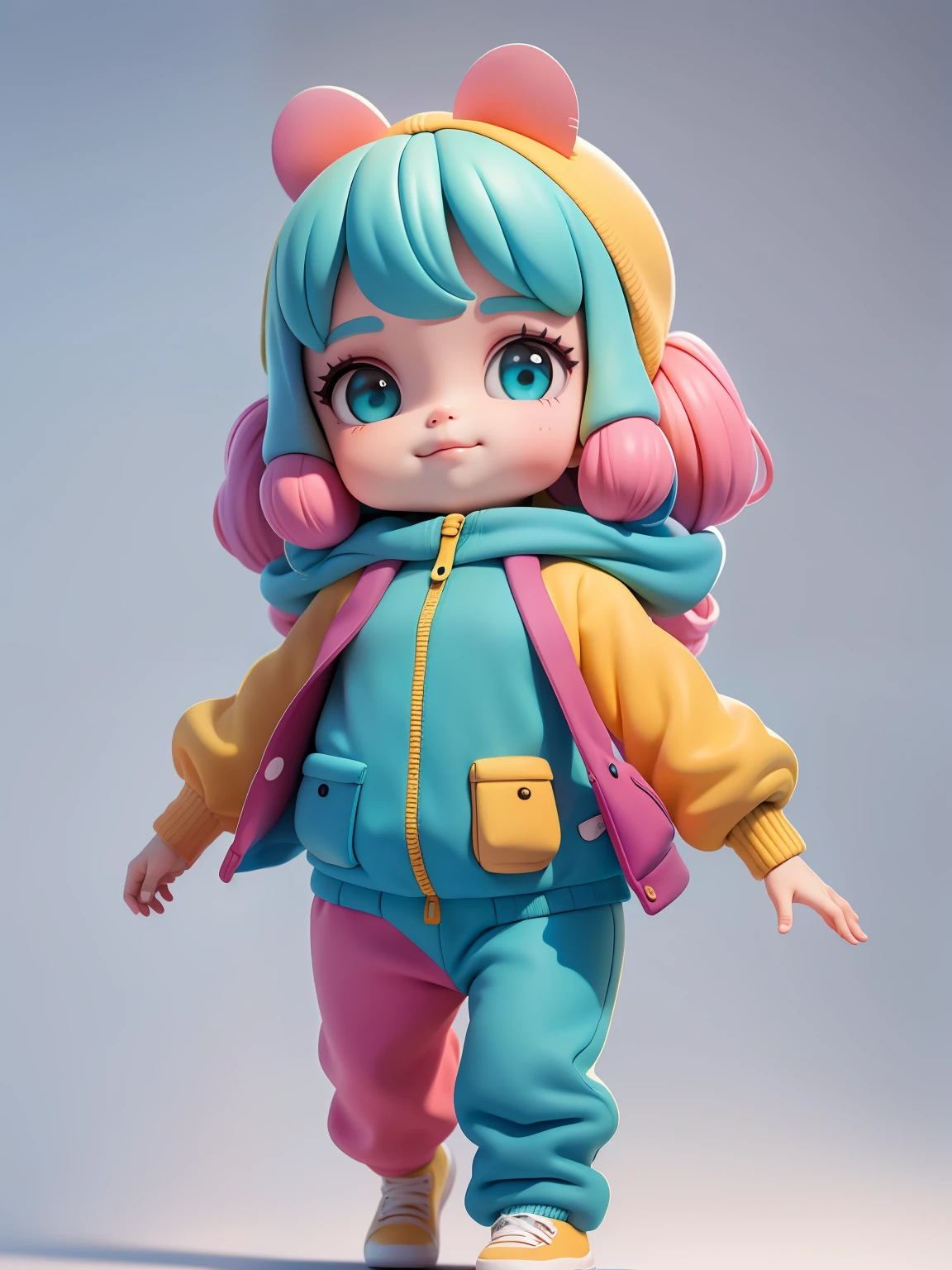 (obra-prima), (melhor qualidade), (ultra-detalhado), (corpo inteiro: 1.2) baby menina bonita e fofa, capuz, moletom colorido, Knitted jumpsuits, Pants, jaqueta, blusa, sorriso claro, corpo inteiro, :3, fundo tom pastel , colorido e simples.