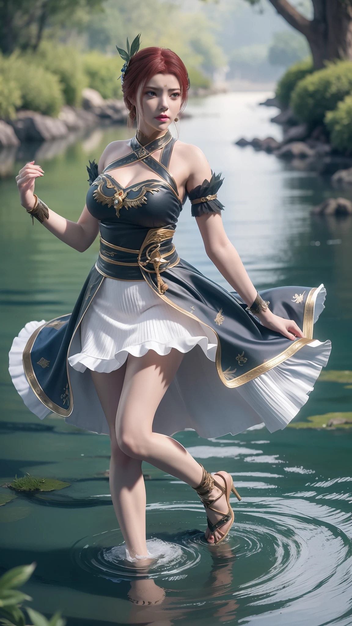 Arapei in a blue and white dress stood in the water, Anime girl walking on water, closeup fantasy with water magic, azur lane style, trending on cgstation, Anime girl cosplay, seraphine ahri kda, Splash art anime Loli, trending at cgstation, realistic water, water fairy, WLOP and Sakimichan