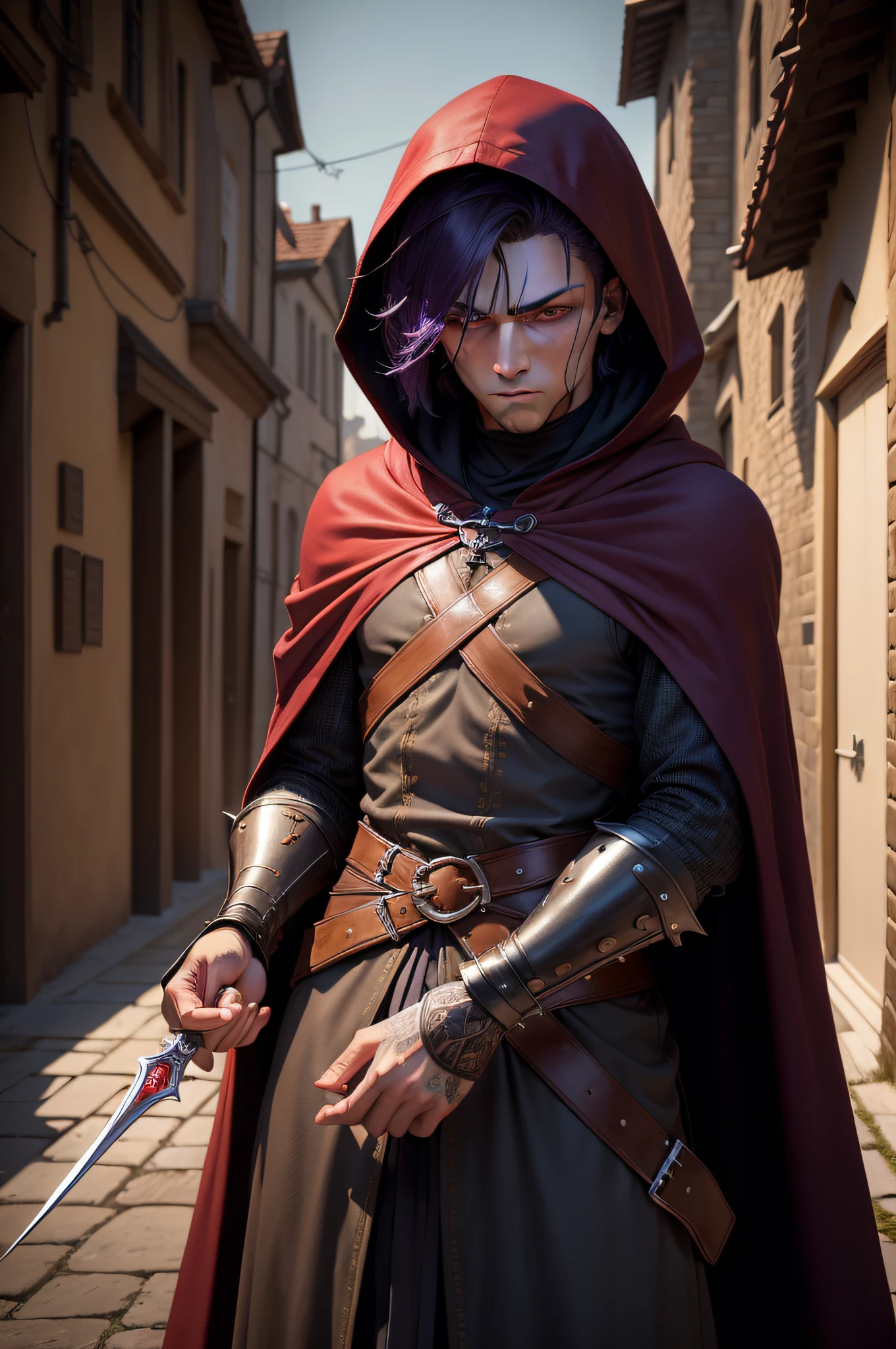 (((masterpiece, best quality, ultra detailed))), (male horrific looking assassin, just attack you, perfect fingers, perfect hands), 25 years old, medieval night town as background, back alley, looking down at viewer, midnight scene, silhouette lighting, unapproachable vibe, expressionless, purple hair, very short hair, male face, male eyebrows, male eyes, sharp nose, facial muscle, adam's apple, small arms muscle, (sharp eyes), red pupils glowing, medieval Assassin costumes, long cloak, hooded,