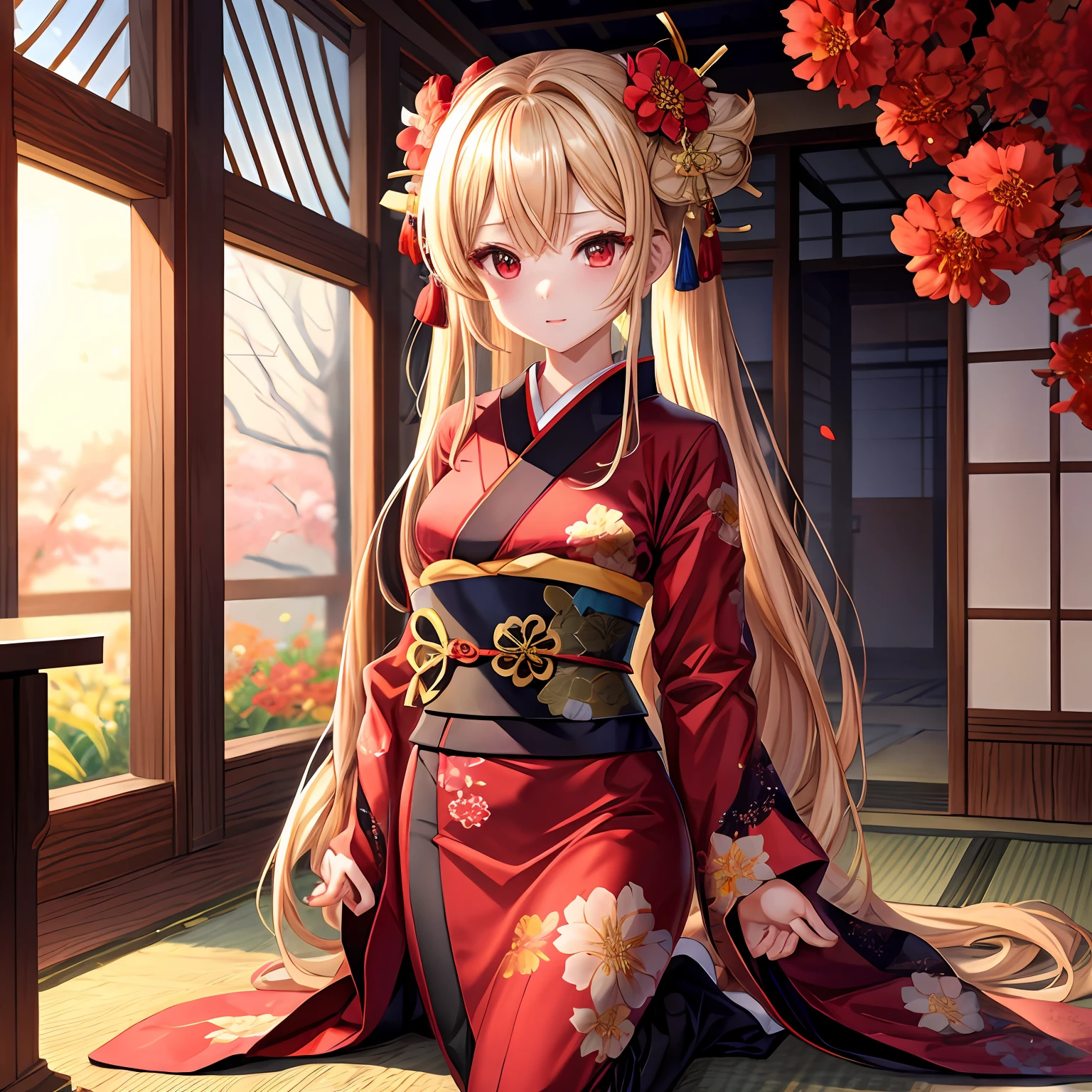 a blond、Hair is up、red eyes、One pretty girl、独奏、animesque、dark colored kimono、flower  field、A sexy