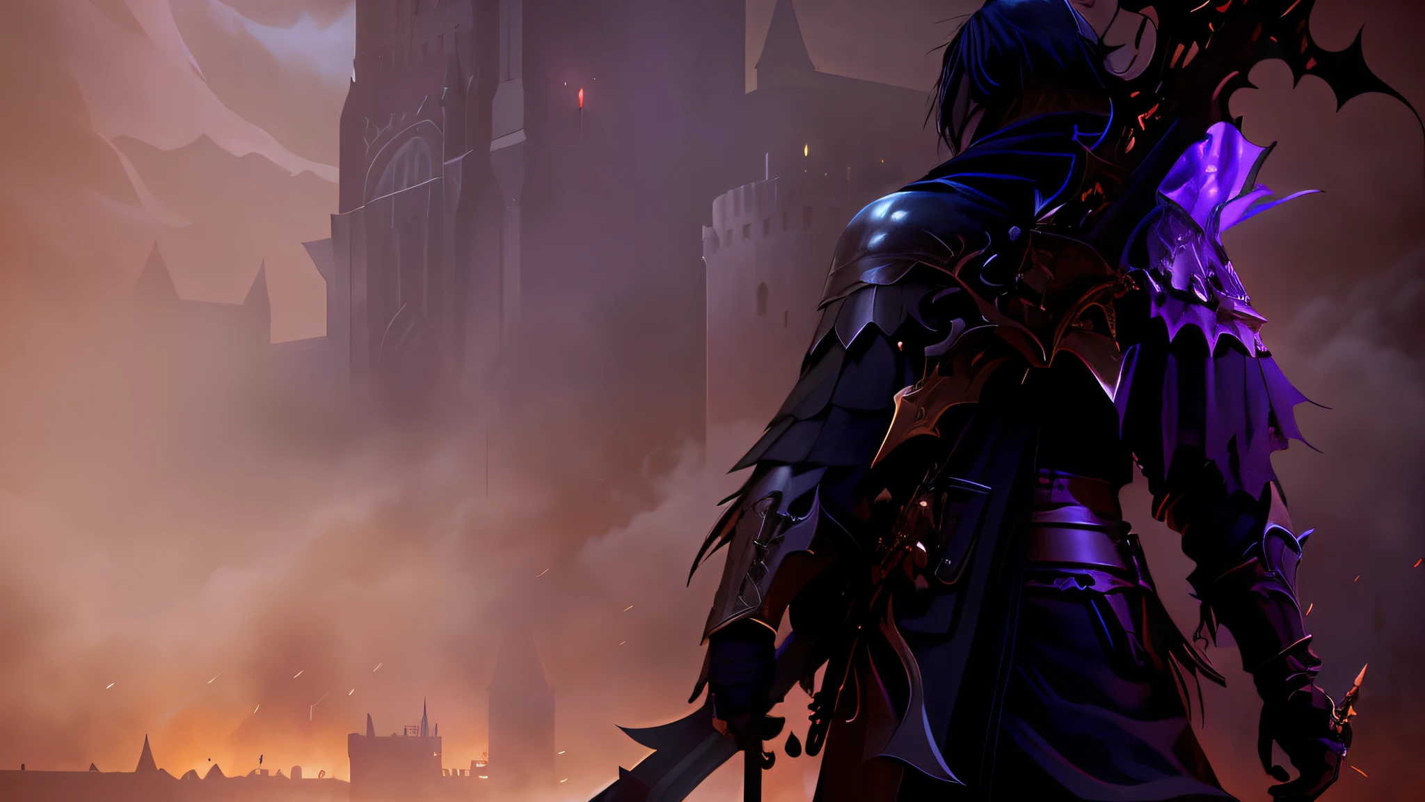 A demon knight standing in front of the castle with a sword, steel inquisitor from mistborn, heavy vignette!, andreas rocha and john howe, code vein, Photos of female clergy, traversing a shadowy city, cinema shot!, fantasy style 8 k octane render, lord of cinder, loading screen, Spelling breaks, shot from cinematic