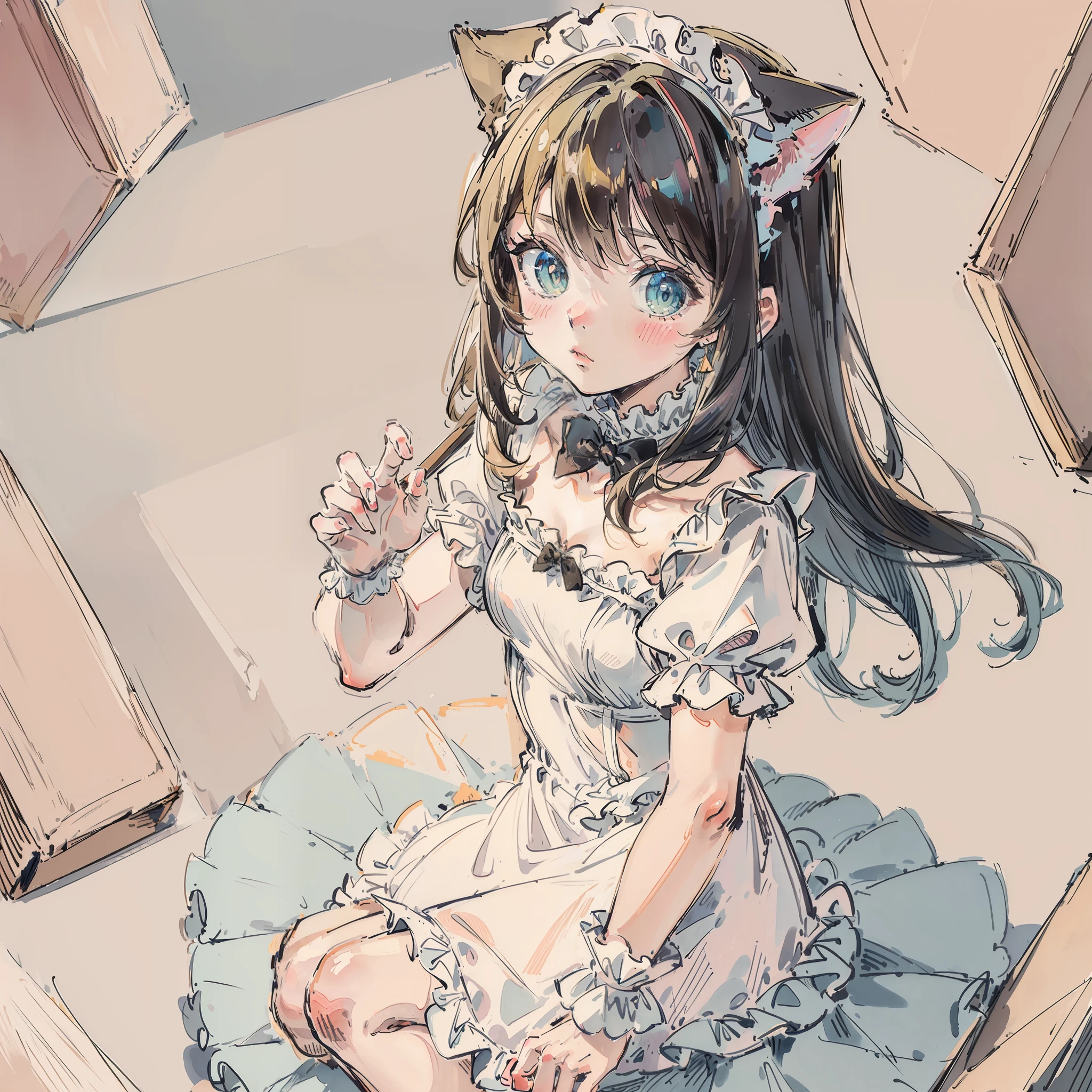 ((Best quality1.2))、((masterpiece))、((dress frilled))、((Take a cute cat 1.5))、