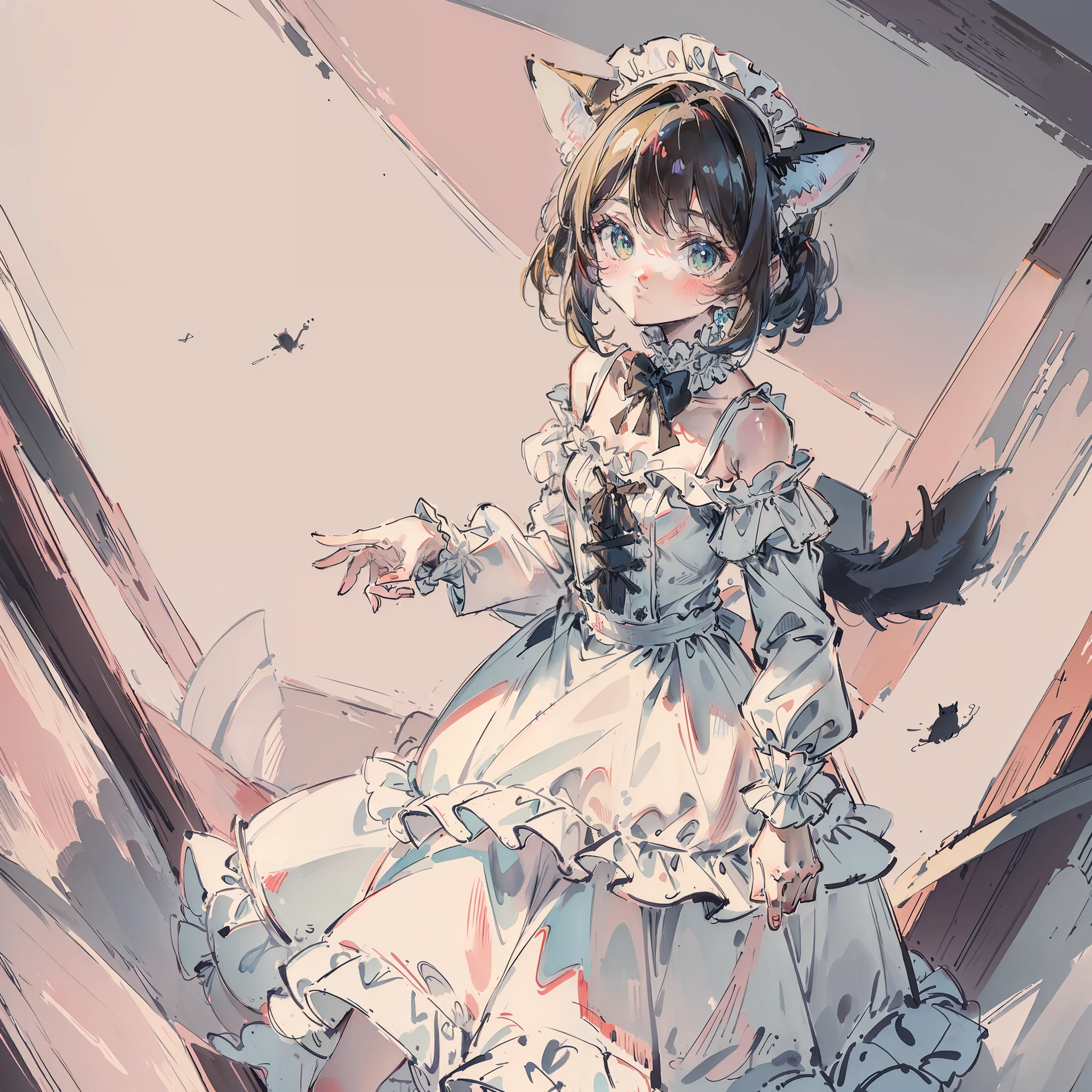 ((Best quality1.2))、((masterpiece))、((dress frilled))、((Take a cute cat 1.5))、