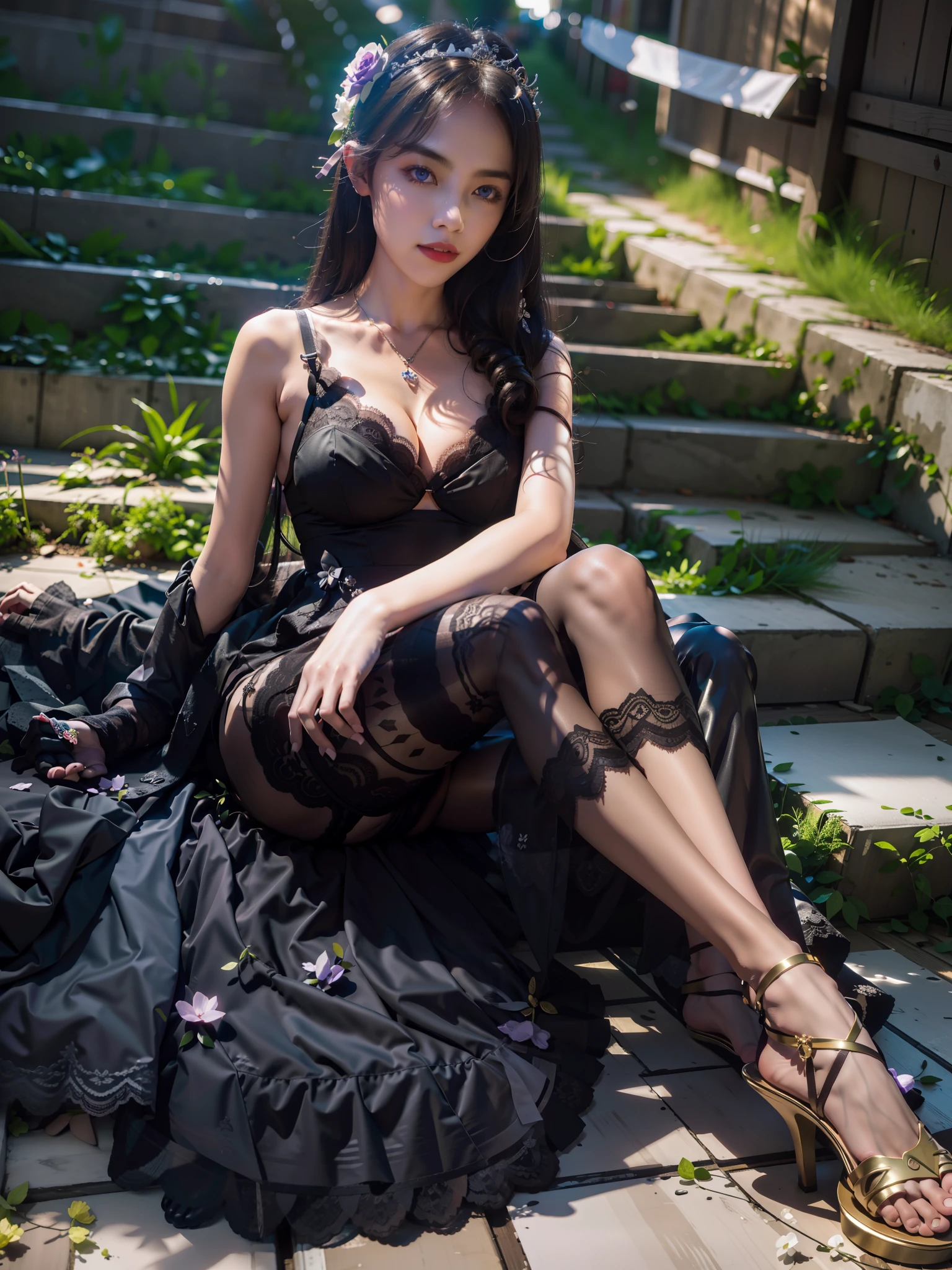 ((best qualtiy,8K,tmasterpiece:1.3)), 1girll, ssmile, full bodyesbian, Slim Faces, Beautiful woman, (dark brown hair), purple evening dress,Lace gloves ,Black tights,No shoes:1.1, Super detailed face, Detailed eyes, 二重まぶた, blur backgroun, Sitting on the steps