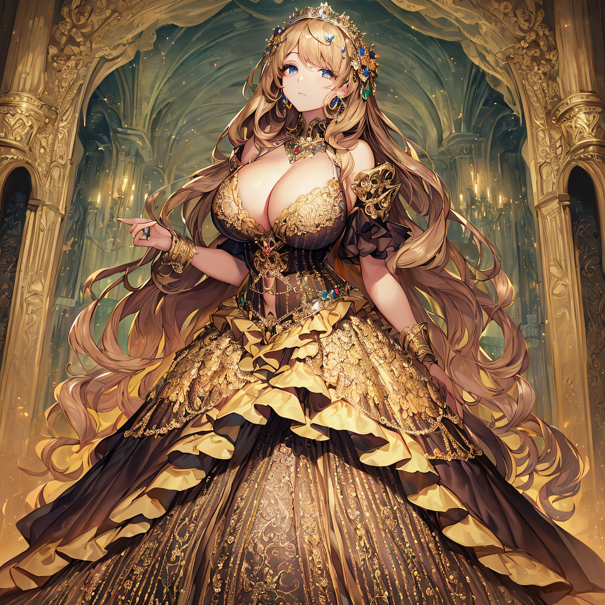 ((anime artstyle)),(Masterpiece),(Best Quality), (Super Detail),((Very Delicate and Beautiful)),(((Solo))),((full body)),(((1 bling-bling princess in beautiful embroidery and jeweled gorgeous rococo ball gown dress with voluminous full length hoop skirt))),((bling-bling)),Long train,(bling-bling gorgeous gemstone jewelry),detailed face and eyes,jewel-like eyes,((extremely voluminous Very Long Hair,Straight Hair)),((gigantic tits,Long tits)),cleavage,(gorgeousfull embroidery and lace),gorgeous corsage,See-through,extremely gorgeousfull hair ornament,bling-bling extremely gorgeousfull jeweled tiara,ornate ruffles,(hoop skirt,crinoline),((Dynamic Angle)),Looking at viewer,((full body)),((beautiful embroidery and jeweled extremely gorgeous rococo ball gown dress with voluminous full length hoop skirt))