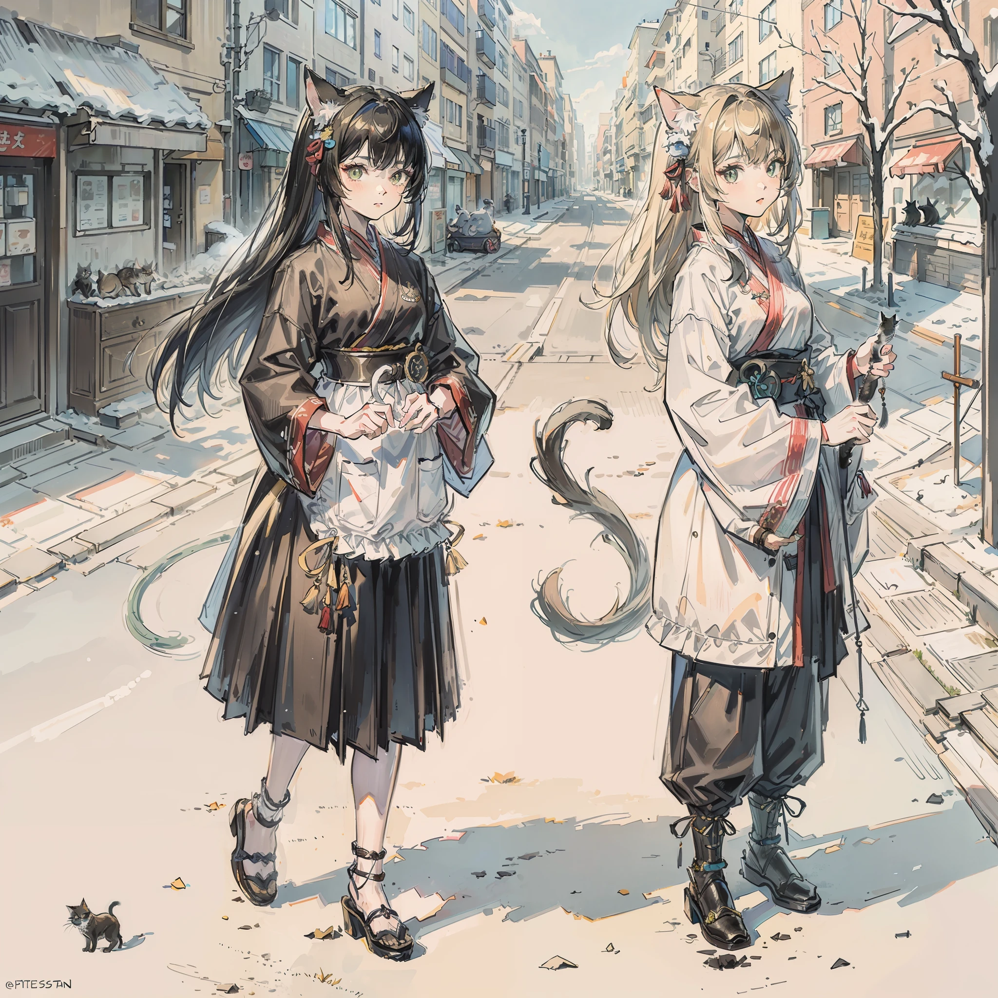 ((Best quality1.3))、Cats、（（With cats)),Detailed ultra-realistic rendering、（（Street style））、planet of the cats、Trendy clothes、Urban Samurai、meow、West Slavic traits、8 1 5
