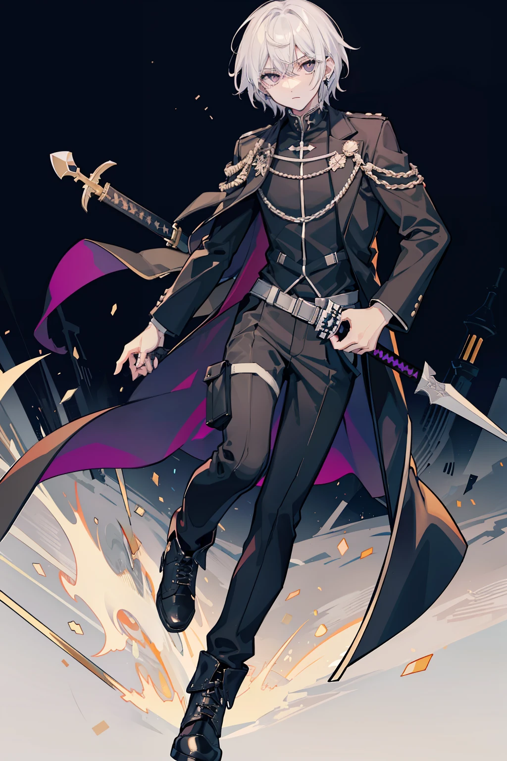 Full body like，White-colored skin，White-colored skin，combat scene，whaite hair，Black pupils，Pure black eyes，Silver-toned stud earrings，shoun，crosses，bandagens，There are bandages on the hands，short detailed hair，Handsome，Libido boy，Highest image quality，the night，the night，warn，male people，hooding，cargo pants，Martin boots，Black pick dye，Long sword，crosses，crosses，nighttime scene，Black cargo pants，Black pantsuit，Streamers，wind coat