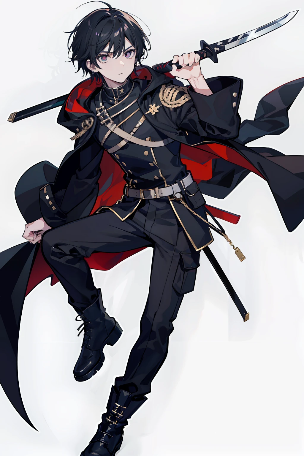 Full body like,White-colored skin,White-colored skin,combat scene,whaite hair,Black pupils,Pure black eyes,Silver-toned stud earrings,shoun,crosses,bandagens,There are bandages on the hands,short detailed hair,Handsome,Libido boy,Highest image quality,the night,the night,warn,male people,hooding,cargo pants,Martin boots,Black pick dye,Long sword,crosses,crosses,nighttime scene,Black cargo pants,Black pantsuit,Streamers,wind coat