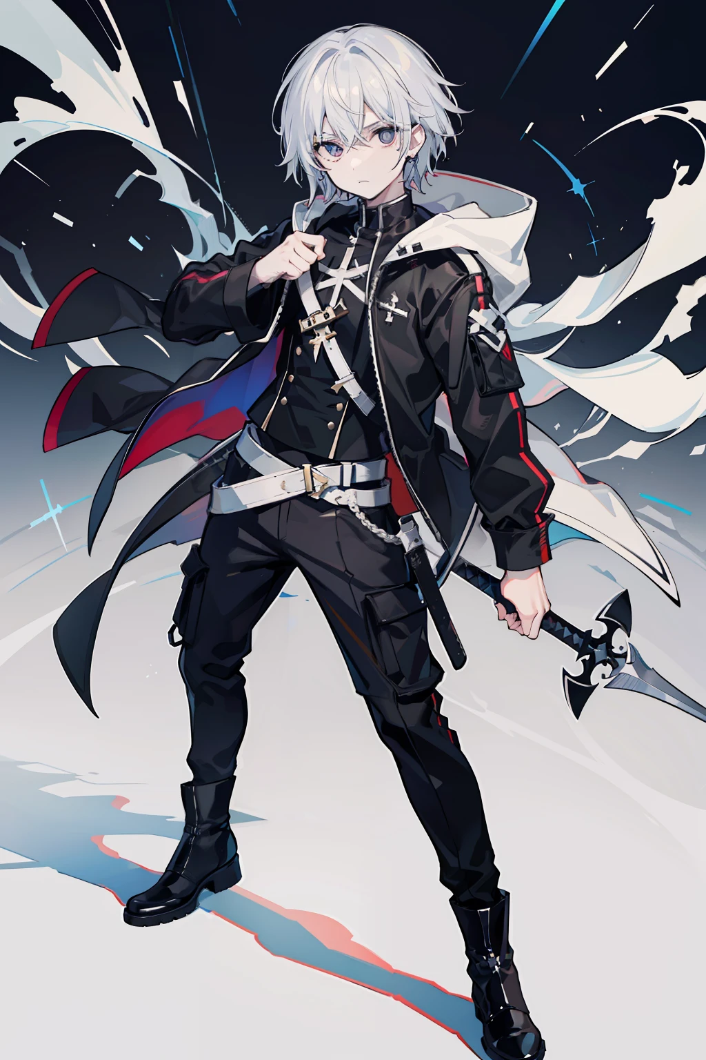 Full body like,White-colored skin,White-colored skin,combat scene,whaite hair,Black pupils,Pure black eyes,Silver-toned stud earrings,shoun,crosses,bandagens,There are bandages on the hands,short detailed hair,Handsome,Libido boy,Highest image quality,the night,the night,warn,male people,hooding,cargo pants,Martin boots,Black pick dye,Long sword,crosses,crosses,nighttime scene,Black cargo pants,Black pantsuit,Streamers,wind coat