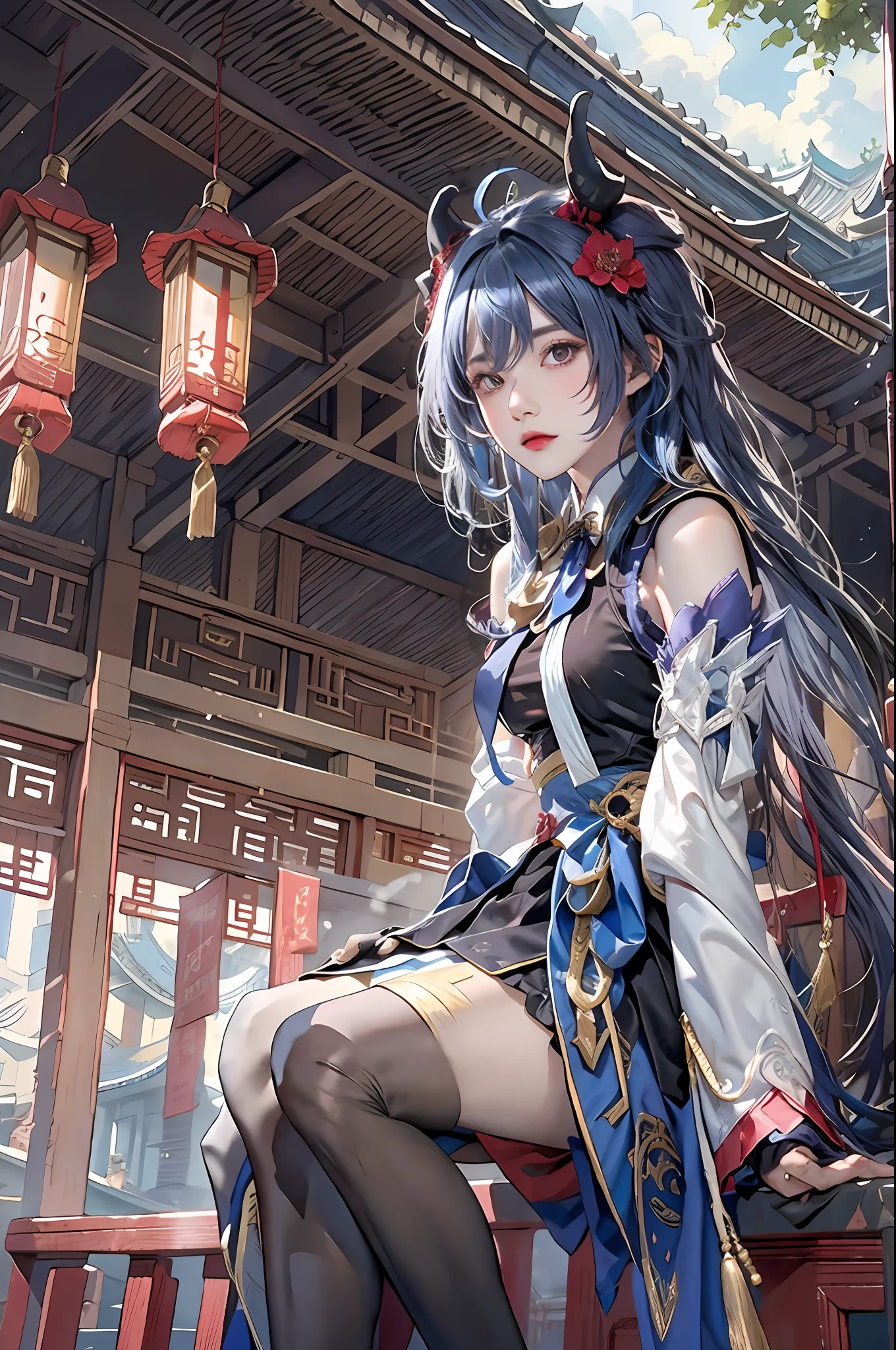 photorealistic, high resolution, 1women, solo, hips up, look at viewer, (detailed face), ahoge, architecture, bangs, schoolgirl uniform, bare shoulders, bell, black gloves, black pantyhose, (blue hair), blush, breasts, chinese knot, detached sleeves, east asian architecture, flower knot, gloves, horns, long hair, looking at viewer, small breasts, neck bell, night, outdoors, pantyhose, purple eyes, sidelocks, solo, tassel, white sleeves, intricate, high detail, sharp focus, dramatic, jewelry