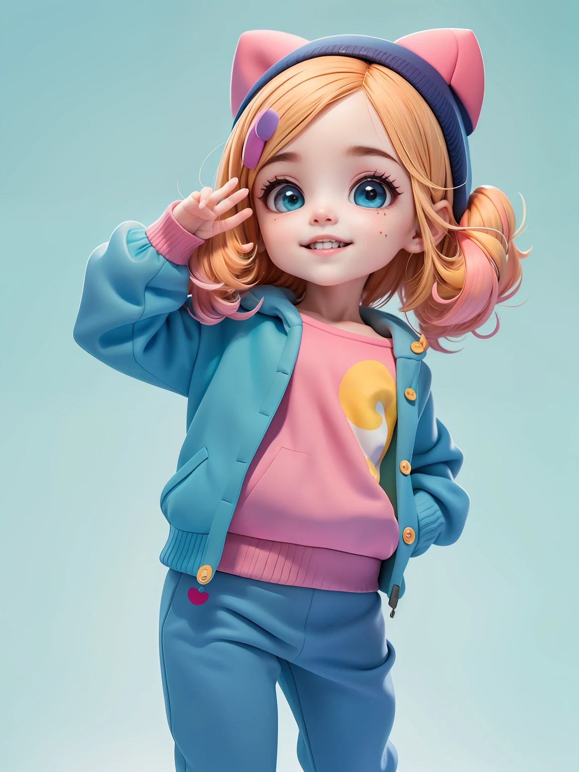 (obra-prima), (melhor qualidade), (ultra-detalhado), (corpo inteiro: 1.2) baby bonita e fofa, capuz, moletom colorido, Knitted jumpsuits, Pants, jaqueta, blusa, sorriso claro, corpo inteiro, :3, fundo tom pastel , colorido e simples.